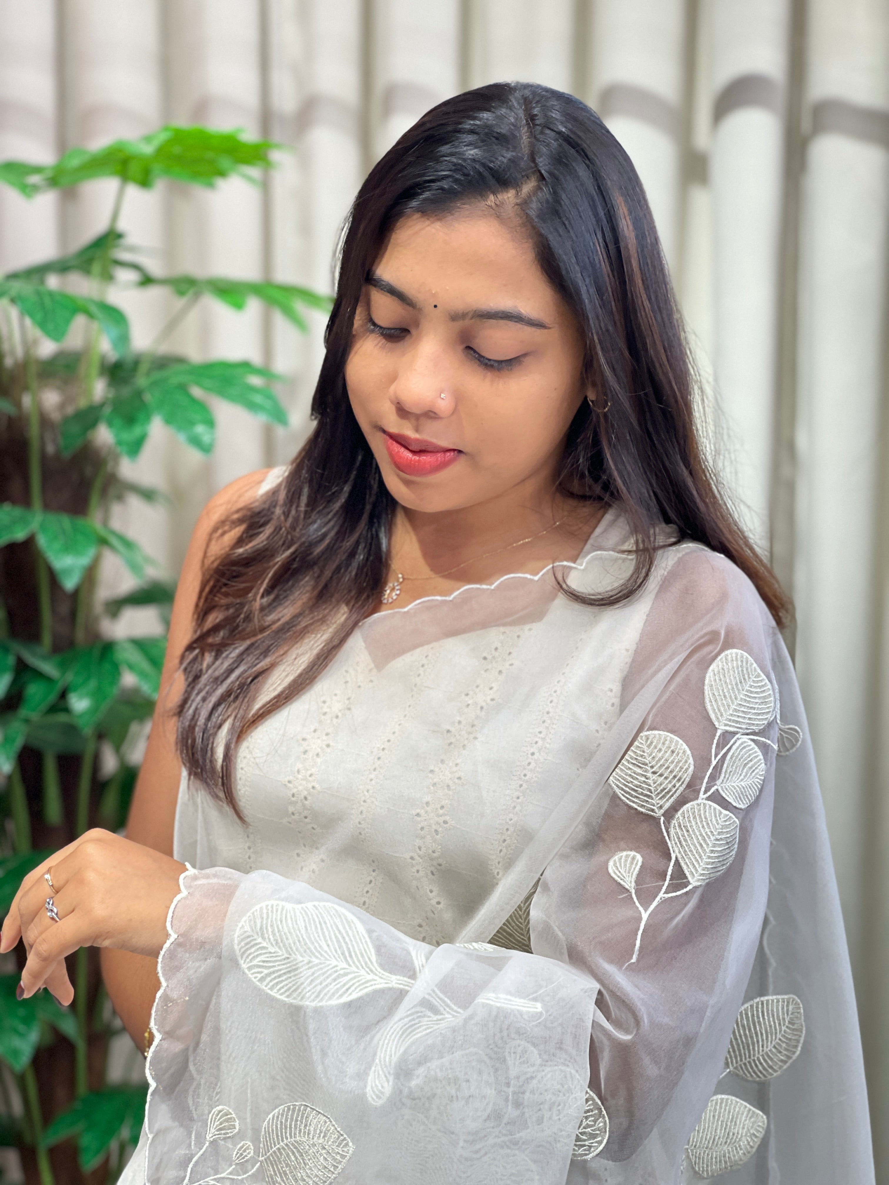 Leaf Applique Work Detailed Organza Saree | MM388