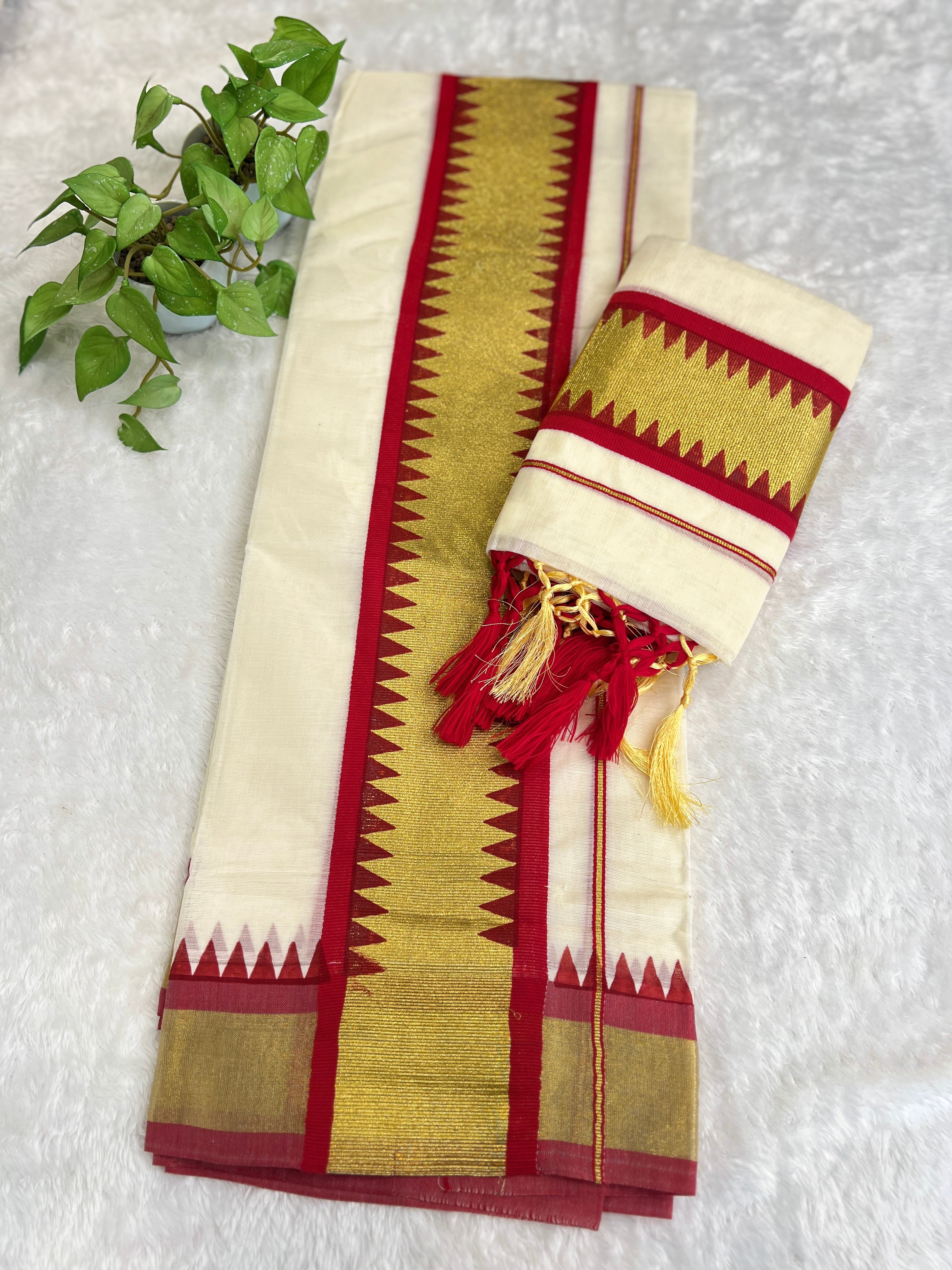 Temple Pattern Border Kerala Cotton Set Mundu | GAT580