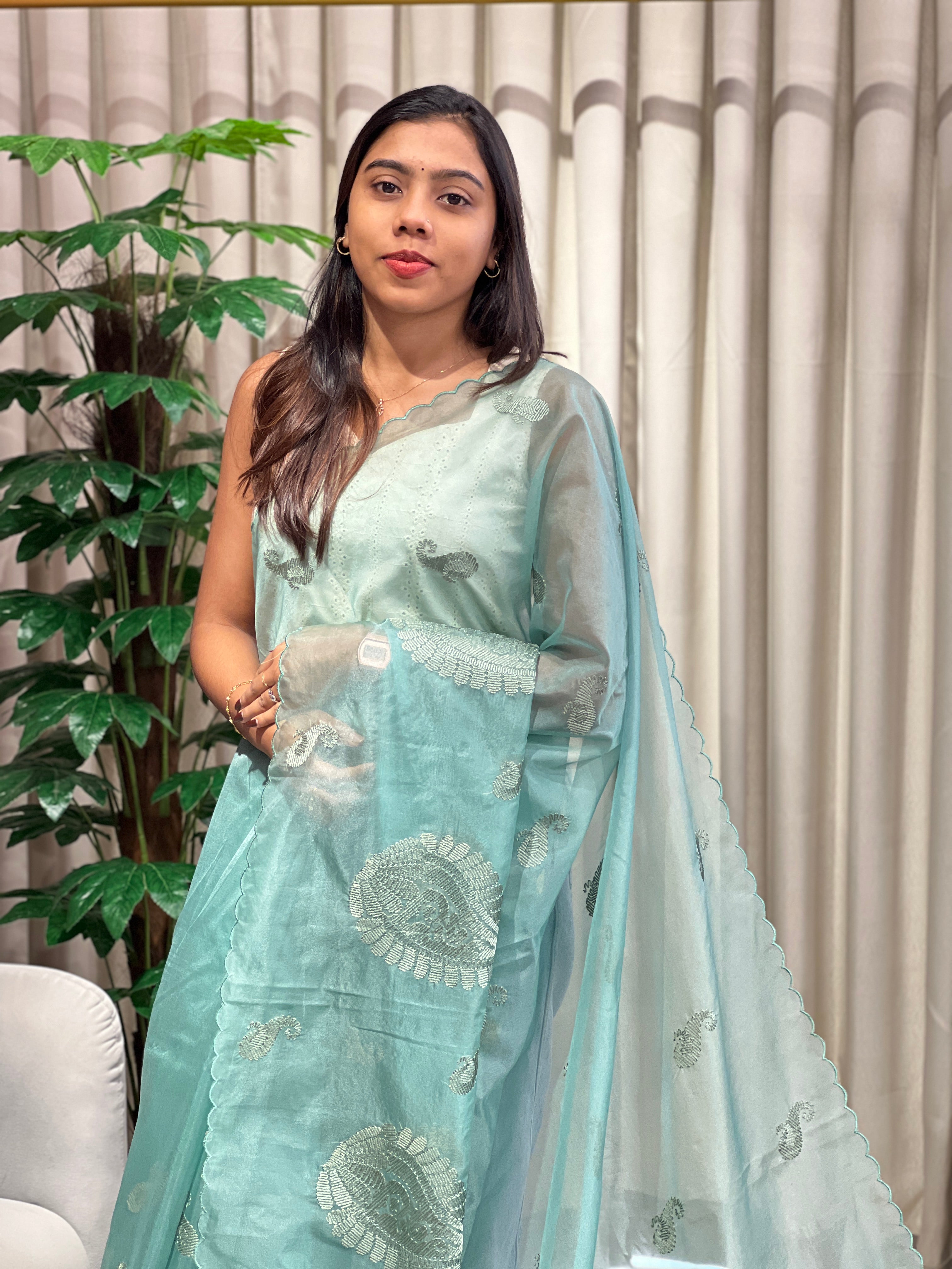 Paisley Embroidery Detailed Organza Saree | MM390