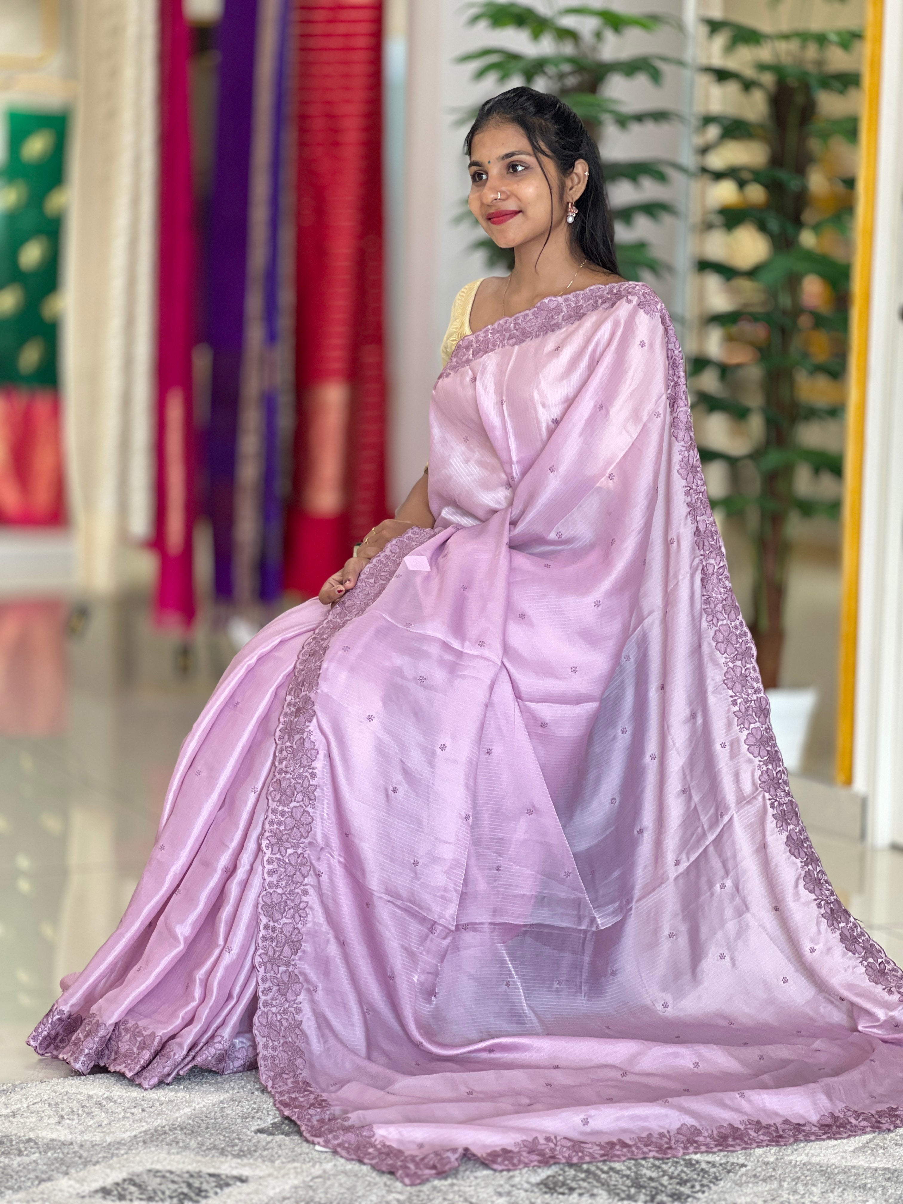 Floral Machine Embroidered Crepe Sarees | SBP259