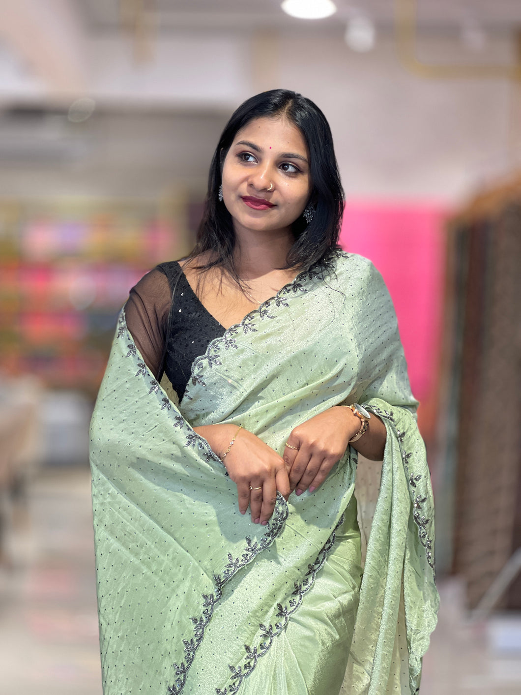Stones & Cutbeads Detailed Shimmer Georgette Saree | SBP521
