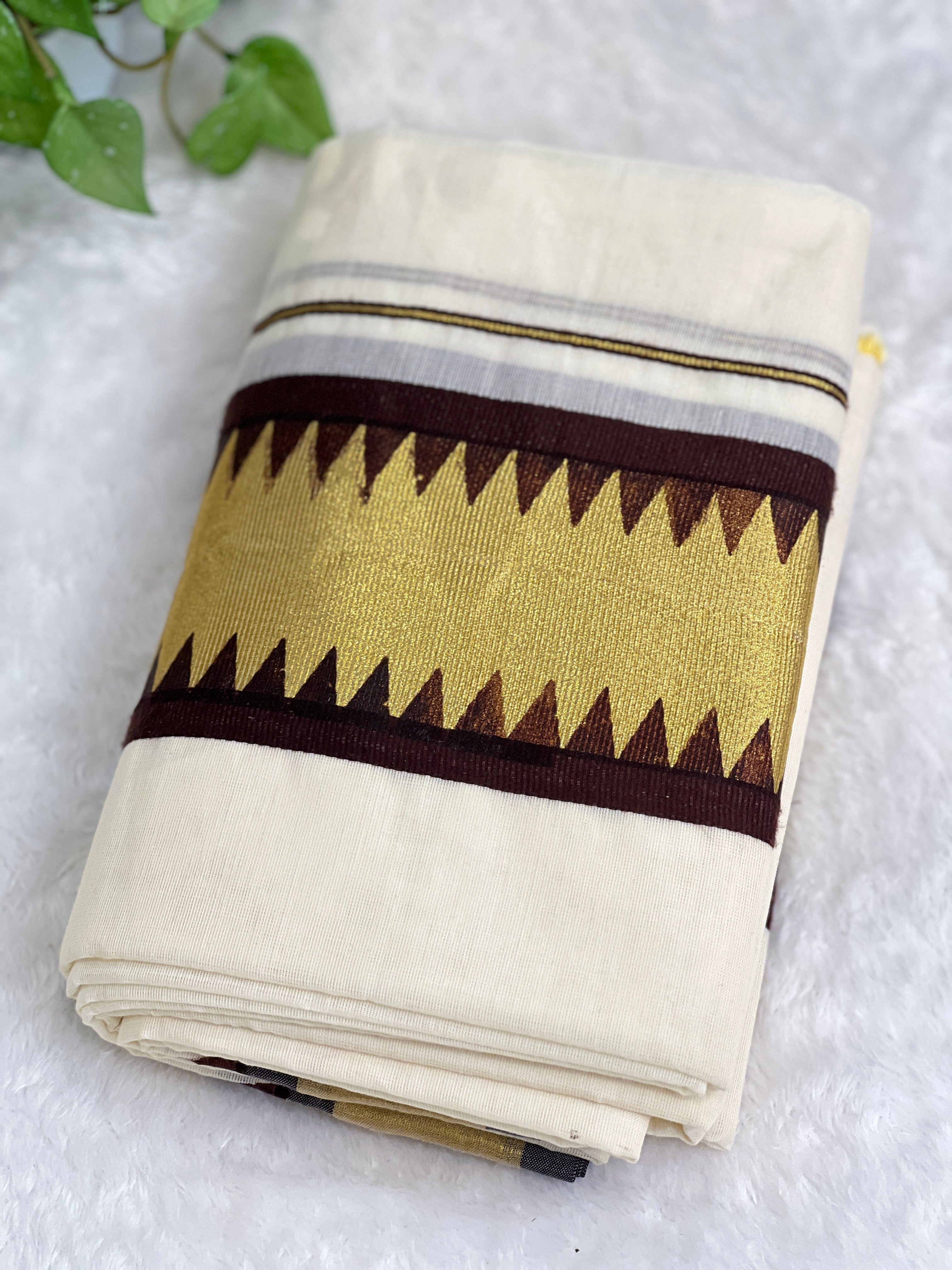 Temple Pattern Border Kerala Cotton  Set Mundu | GAT577