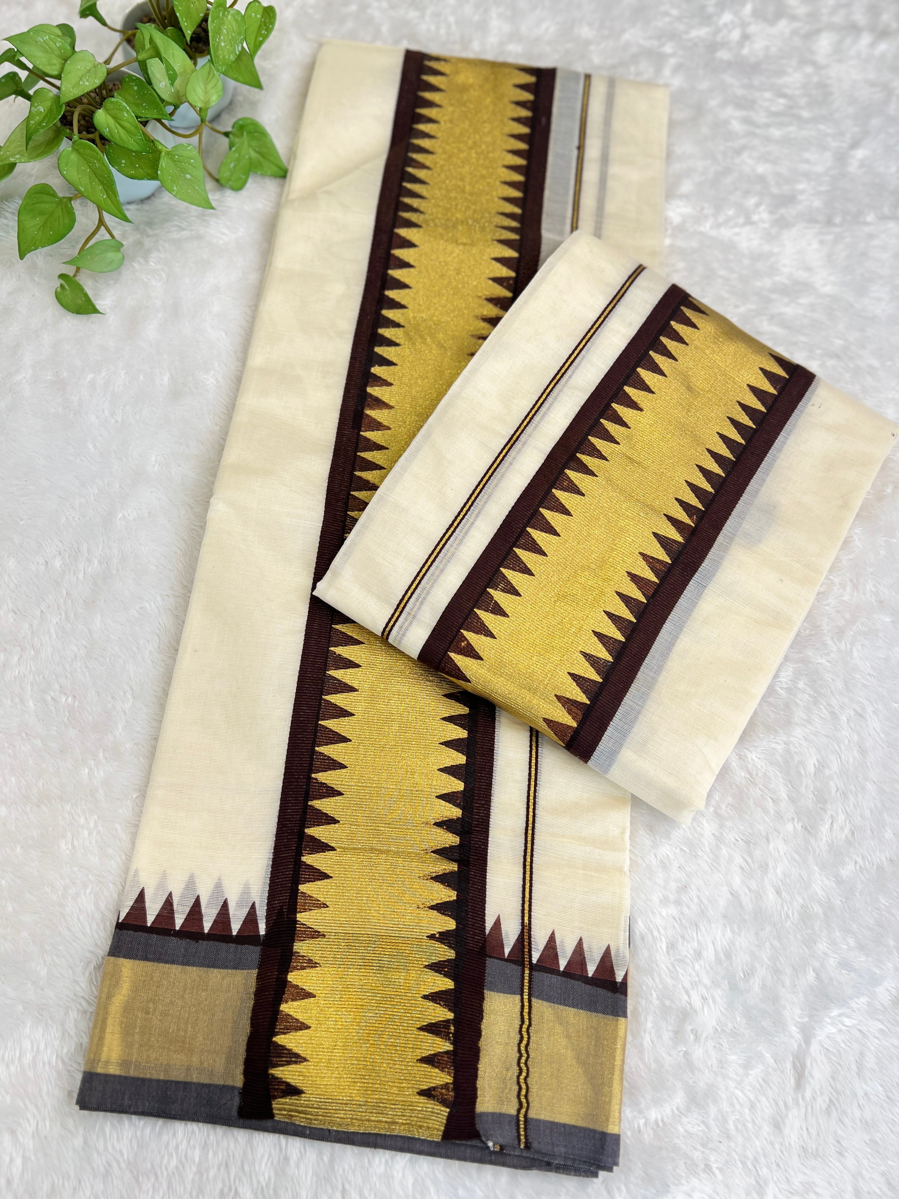 Temple Pattern Border Kerala Cotton  Set Mundu | GAT577
