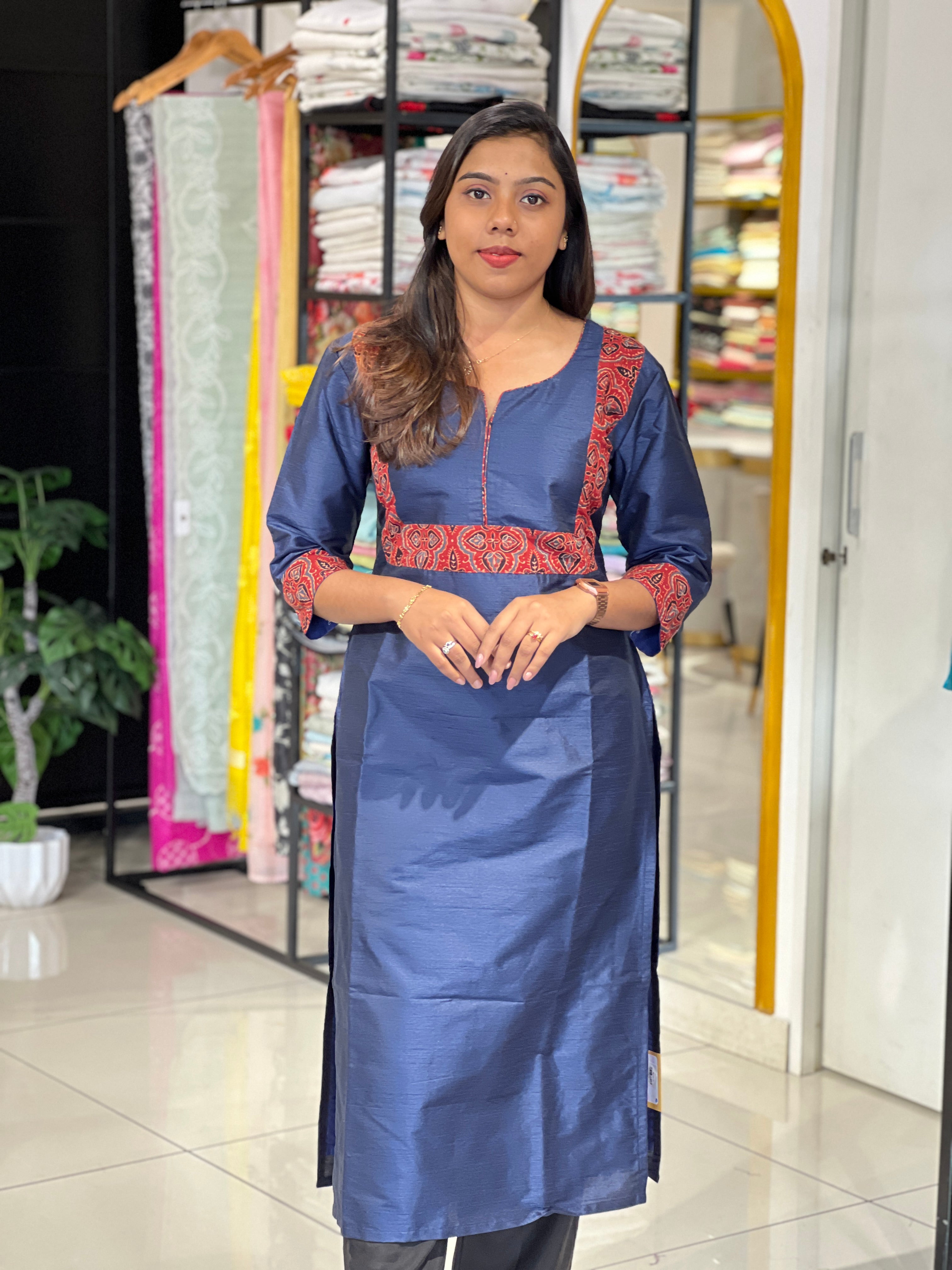 Raw Silk Kurta With Ajrakh Printed Patch | DNT1206