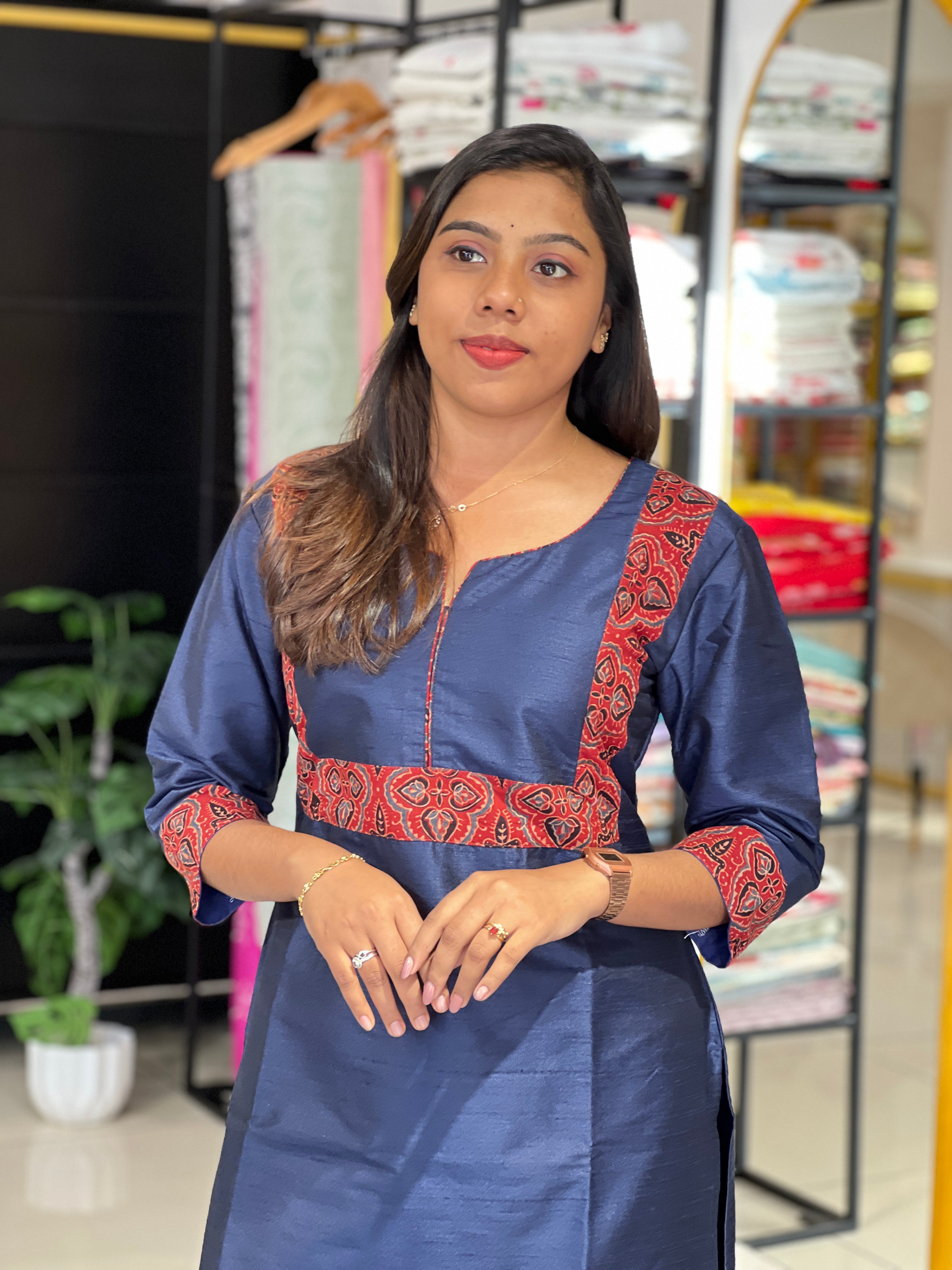 Raw Silk Kurta With Ajrakh Printed Patch | DNT1206