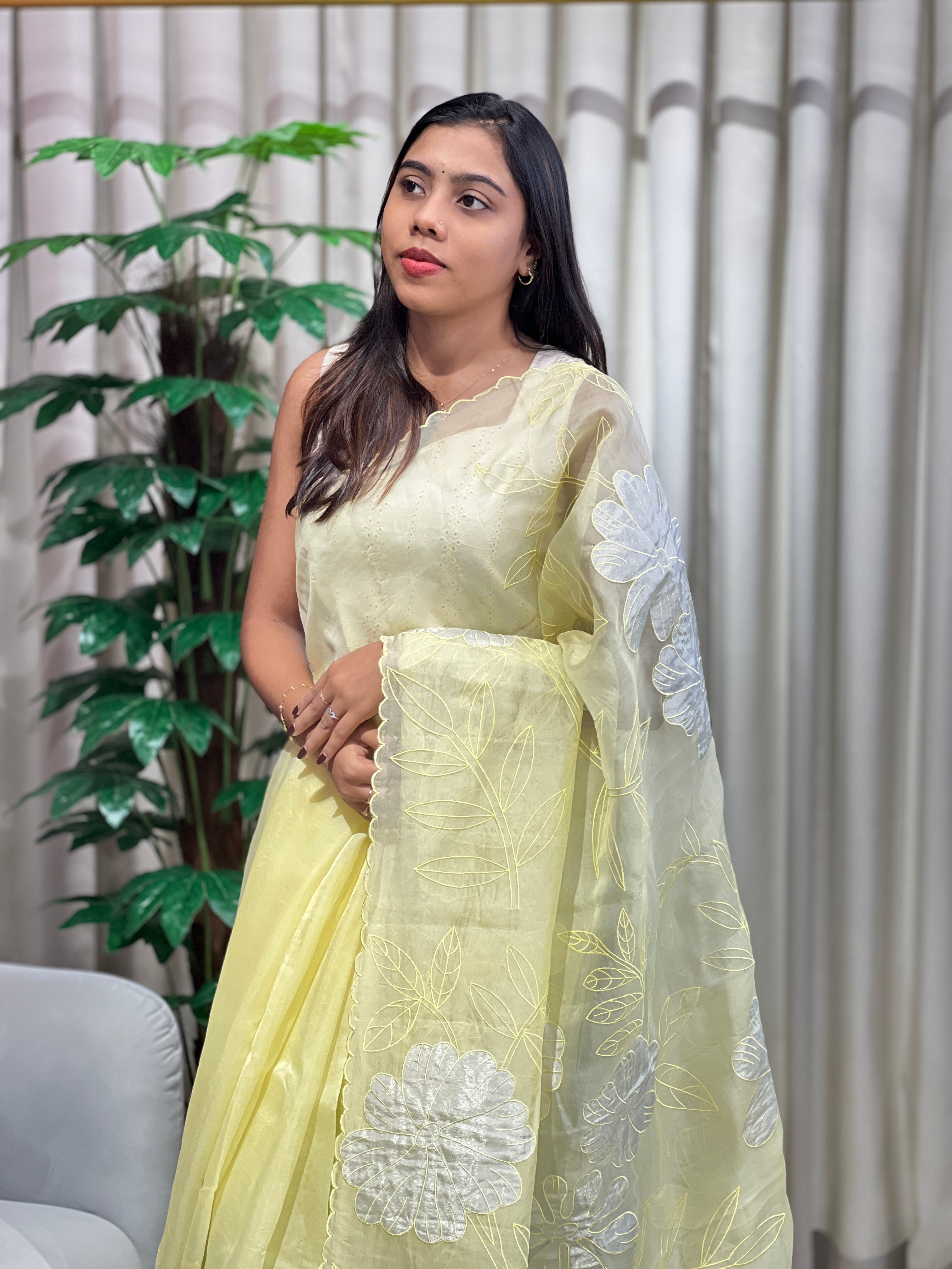 Floral Applique Work Detailed Pure Organza Saree | MM202