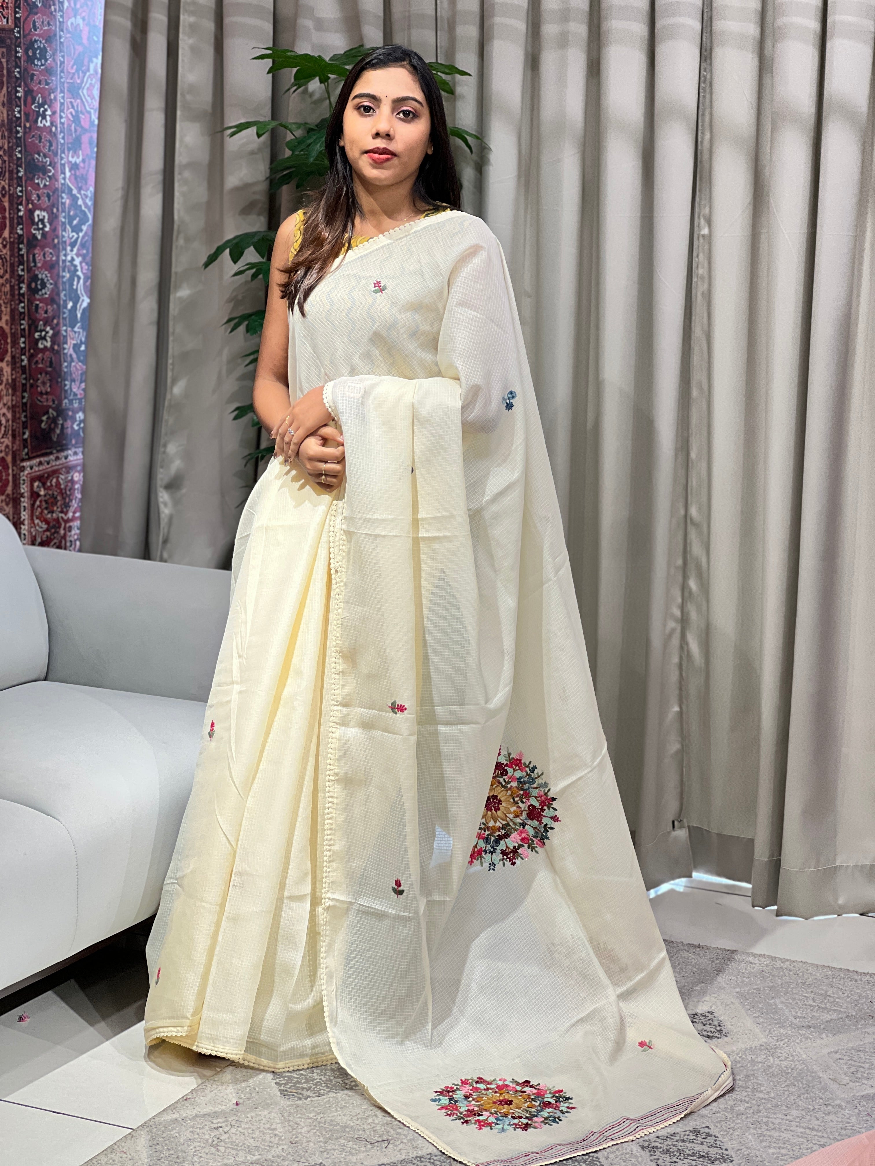 Multicolour Floral Embroidery Detailed Silky Kota Saree | BLD1898