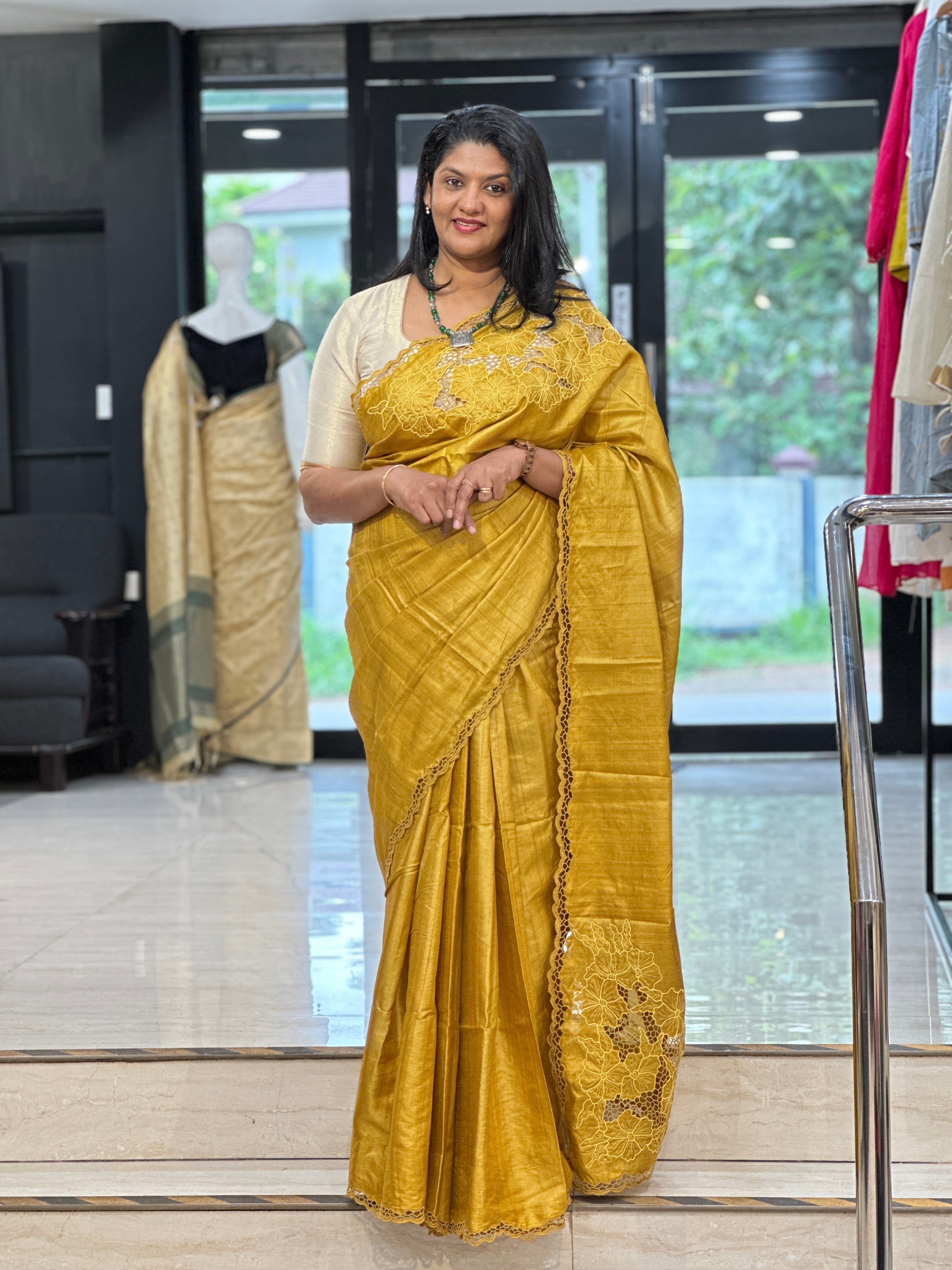 Twine Cut Work With Floral Placement Pure Desi Tussar Saree | TC495