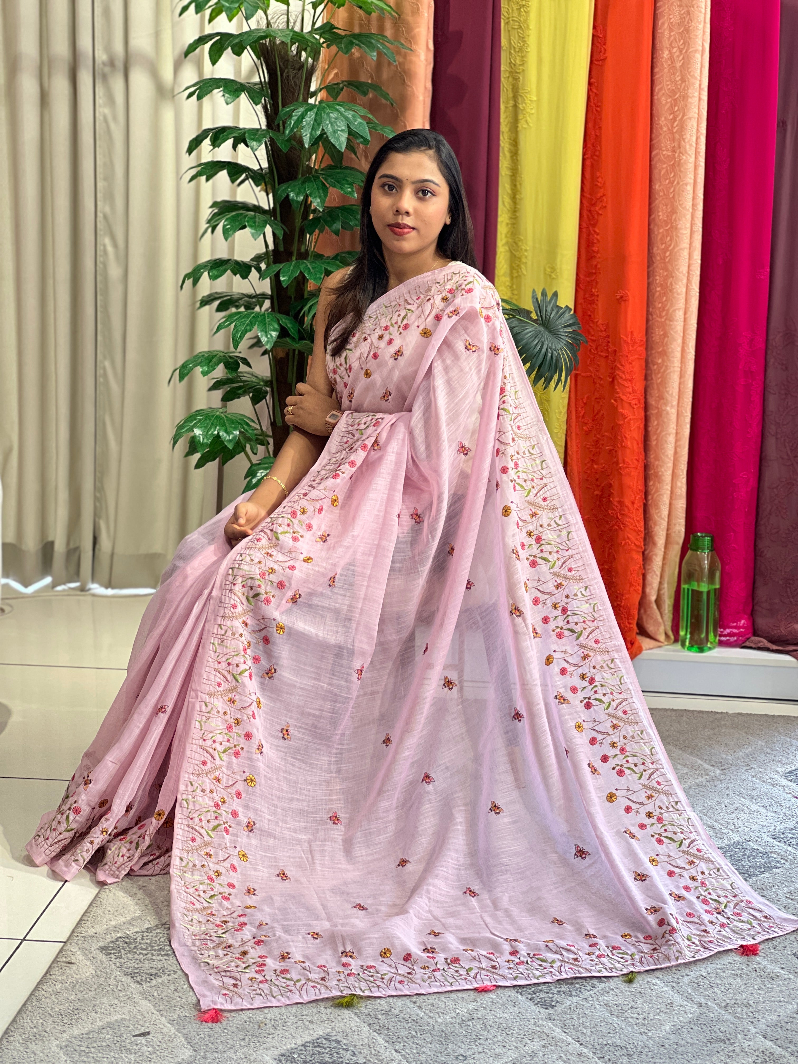 Machine Embroidered Semi Linen Saree | RP826
