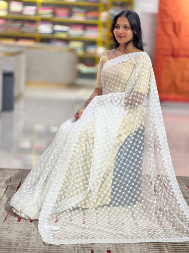 Machine Embroidered Net Saree With Veil | SBP339