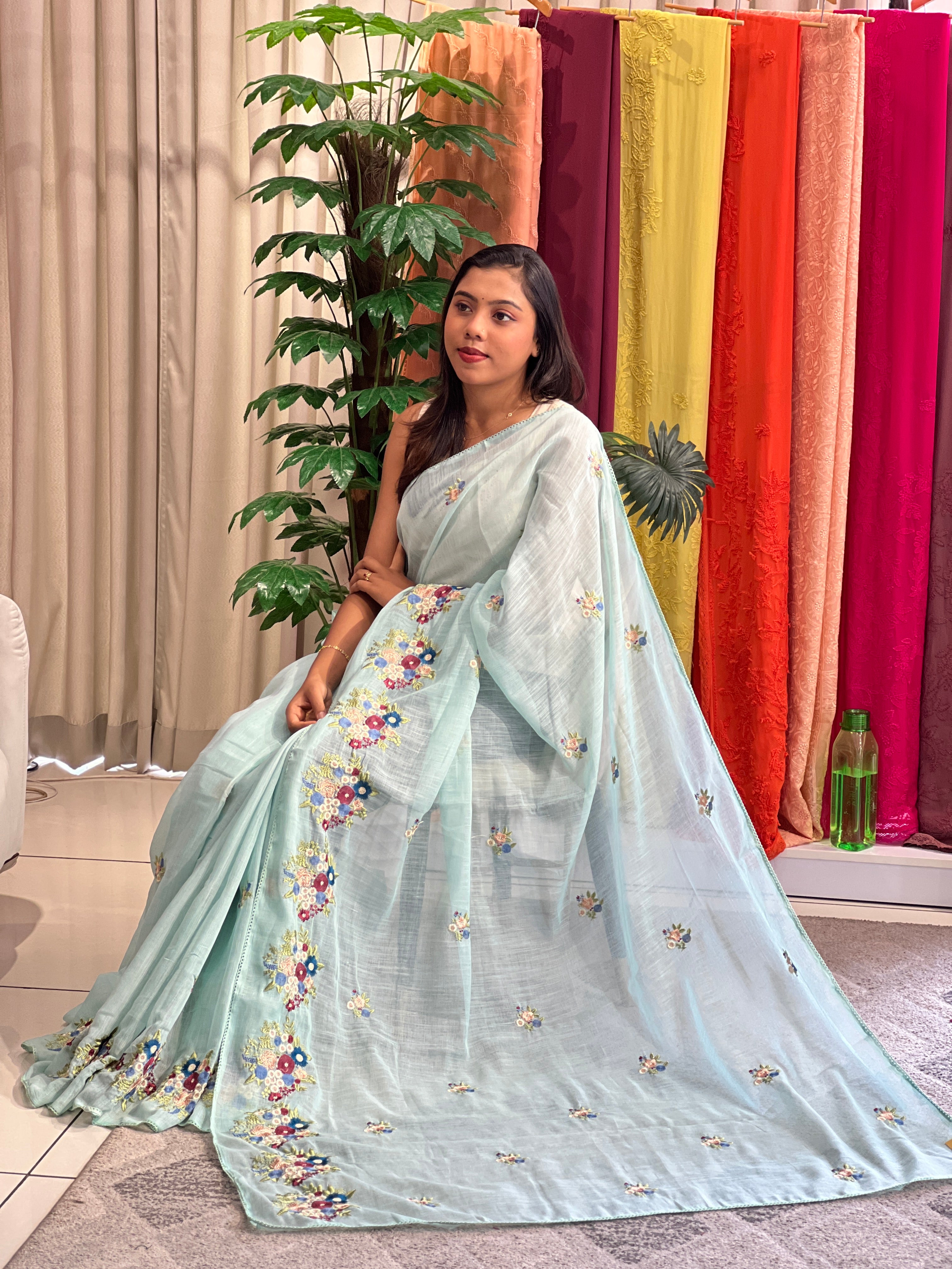 Machine Embroidered Semi Linen Saree | RP828