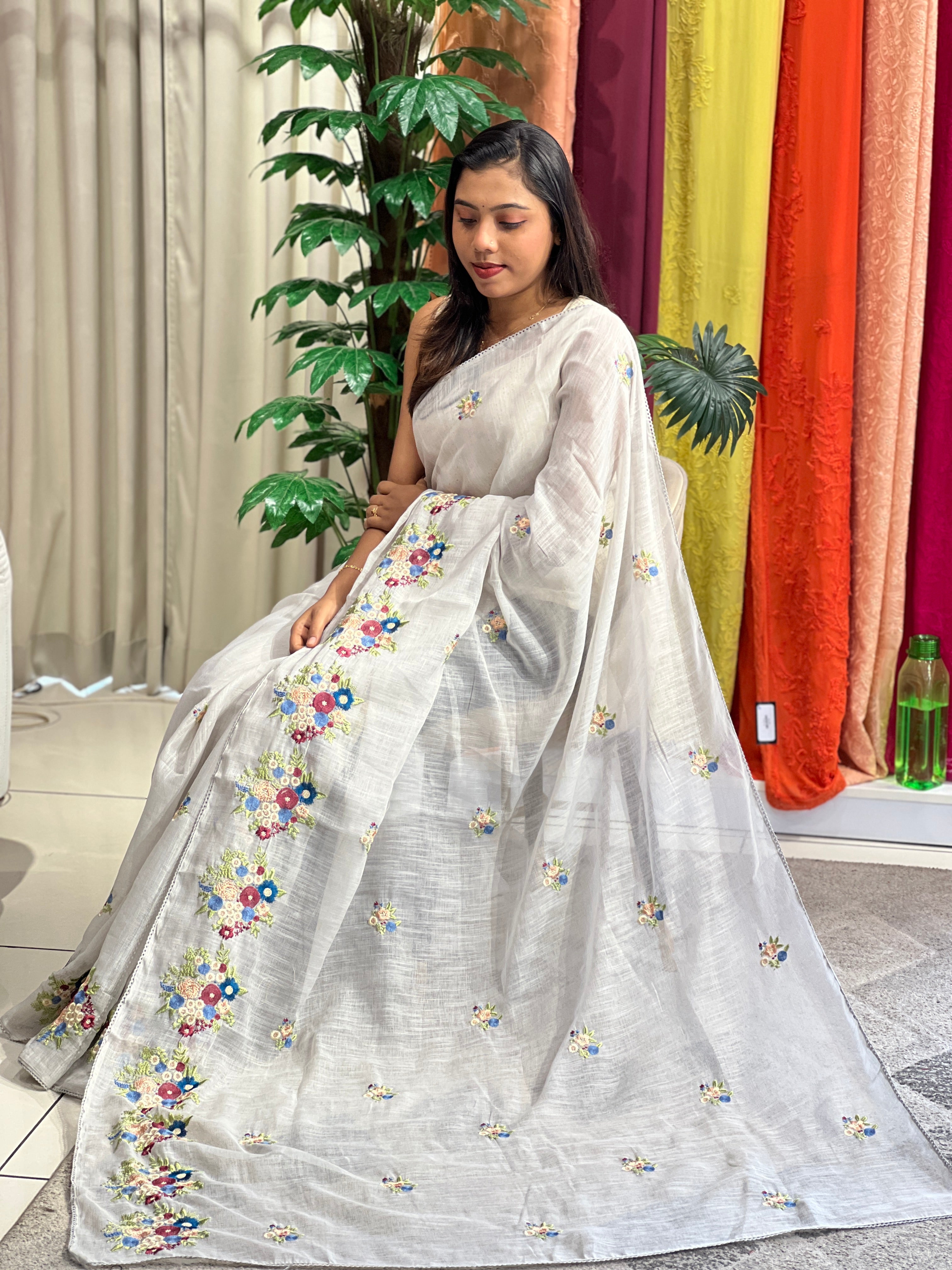 Machine Embroidered Semi Linen Saree | RP827