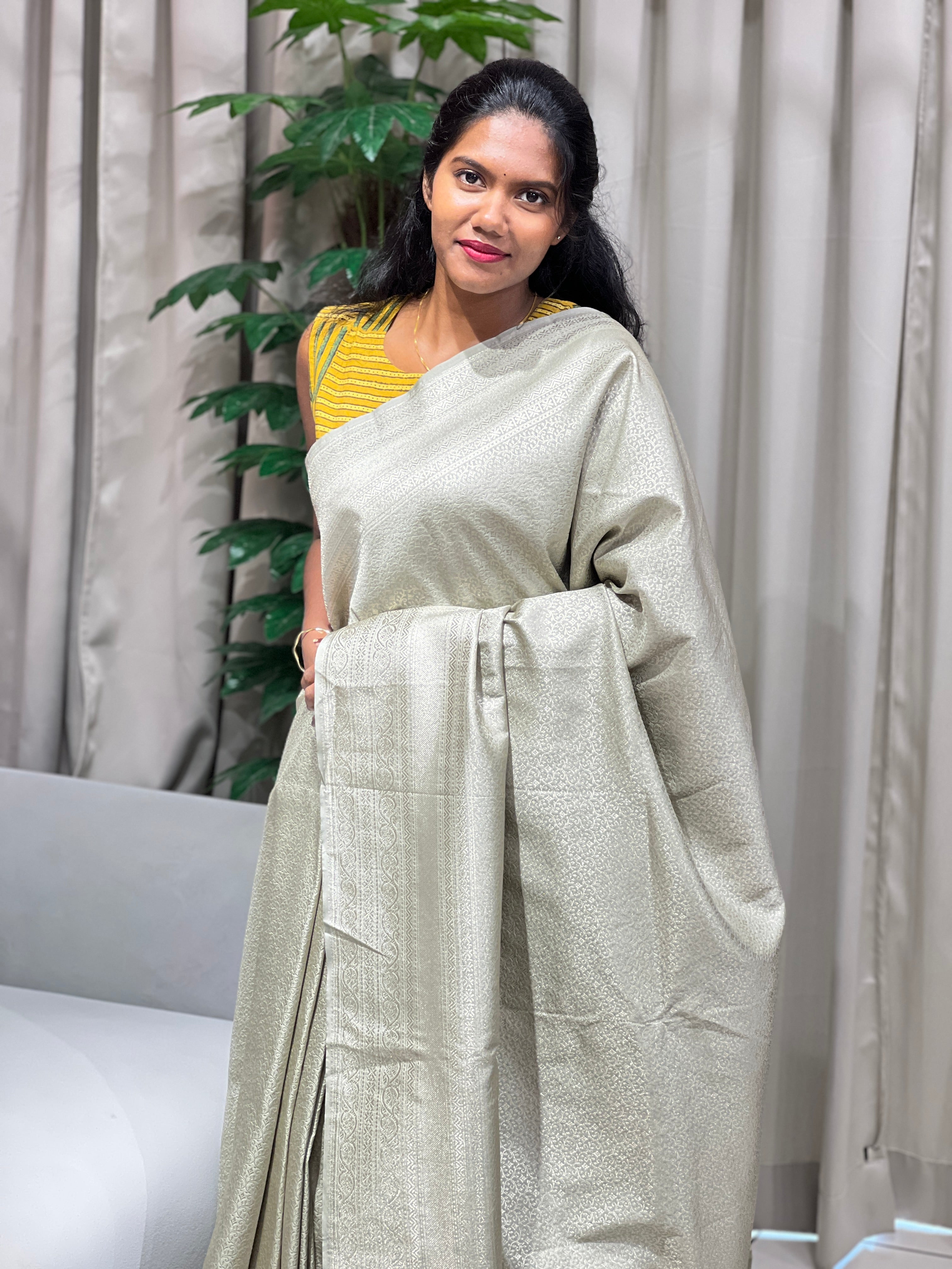 Jaal Patterned Silver Zari Woven Banarasi Saree | YNG1049