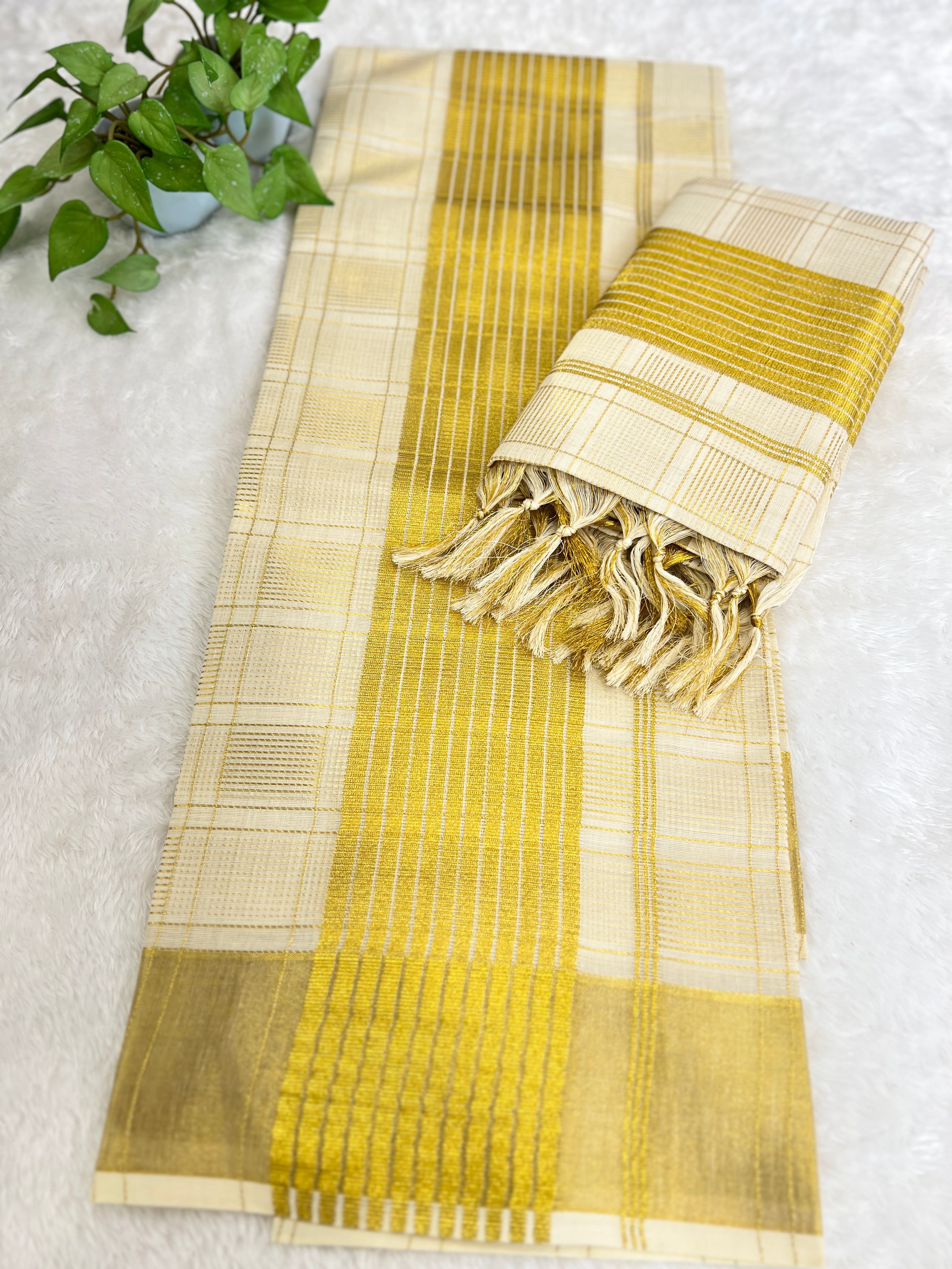 Golden Check Pattern Kerala Cotton Set Mundu |  GAT555