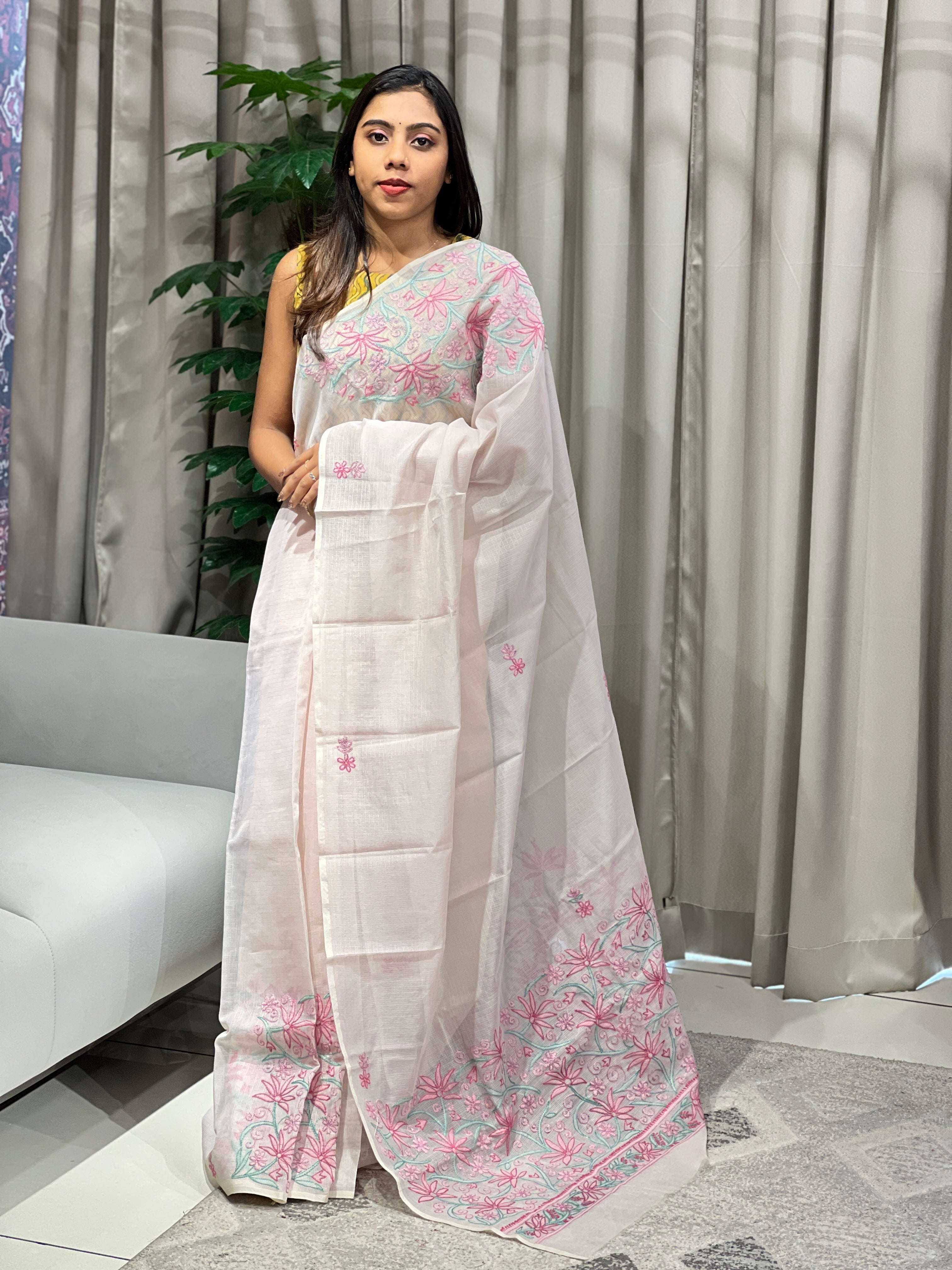 Chikankari Embroidery Detailed Muga Check Organza Saree | JSC501