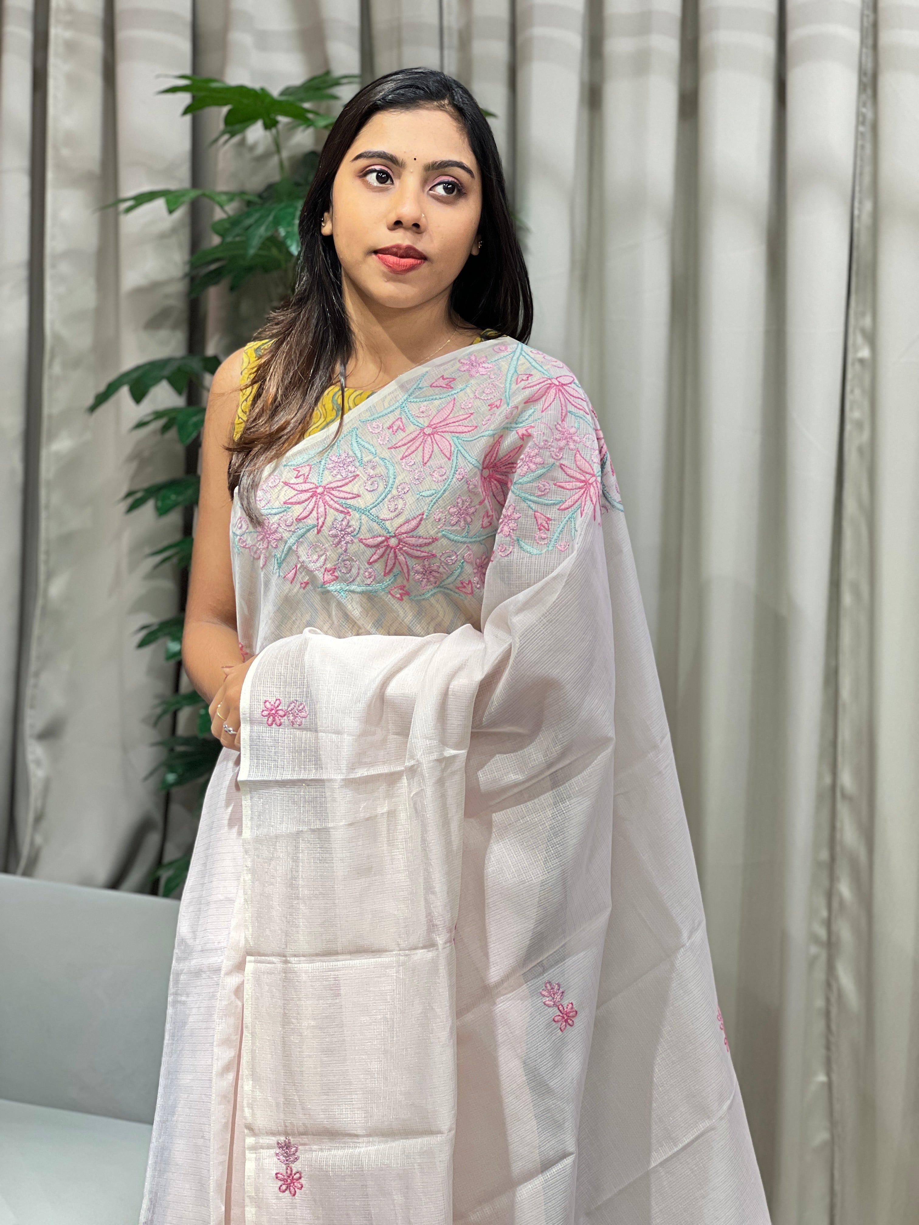 Chikankari Embroidery Detailed Muga Check Organza Saree | JSC501