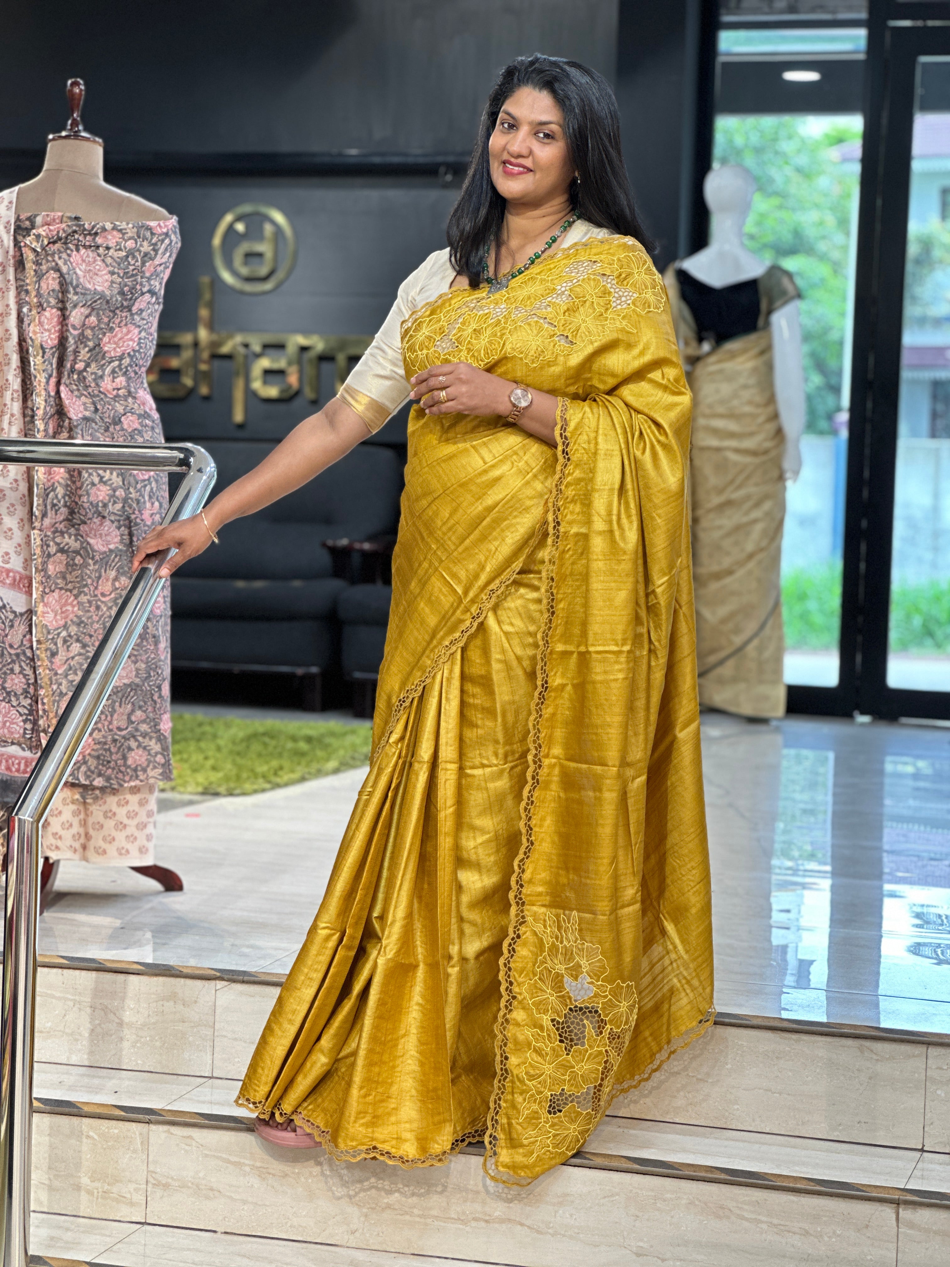 Twine Cut Work With Floral Placement Pure Desi Tussar Saree | TC495