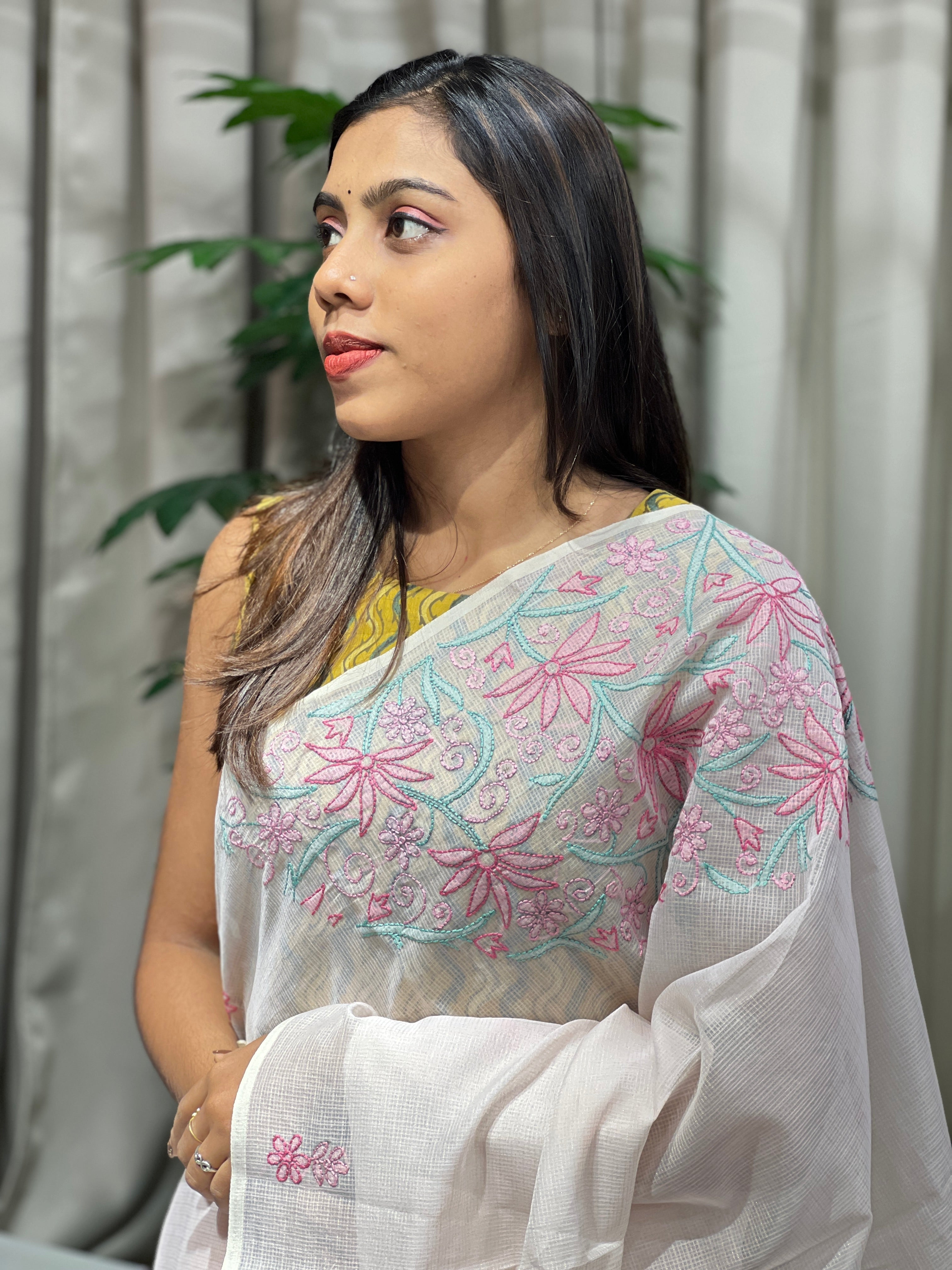 Chikankari Embroidery Detailed Muga Check Organza Saree | JSC501