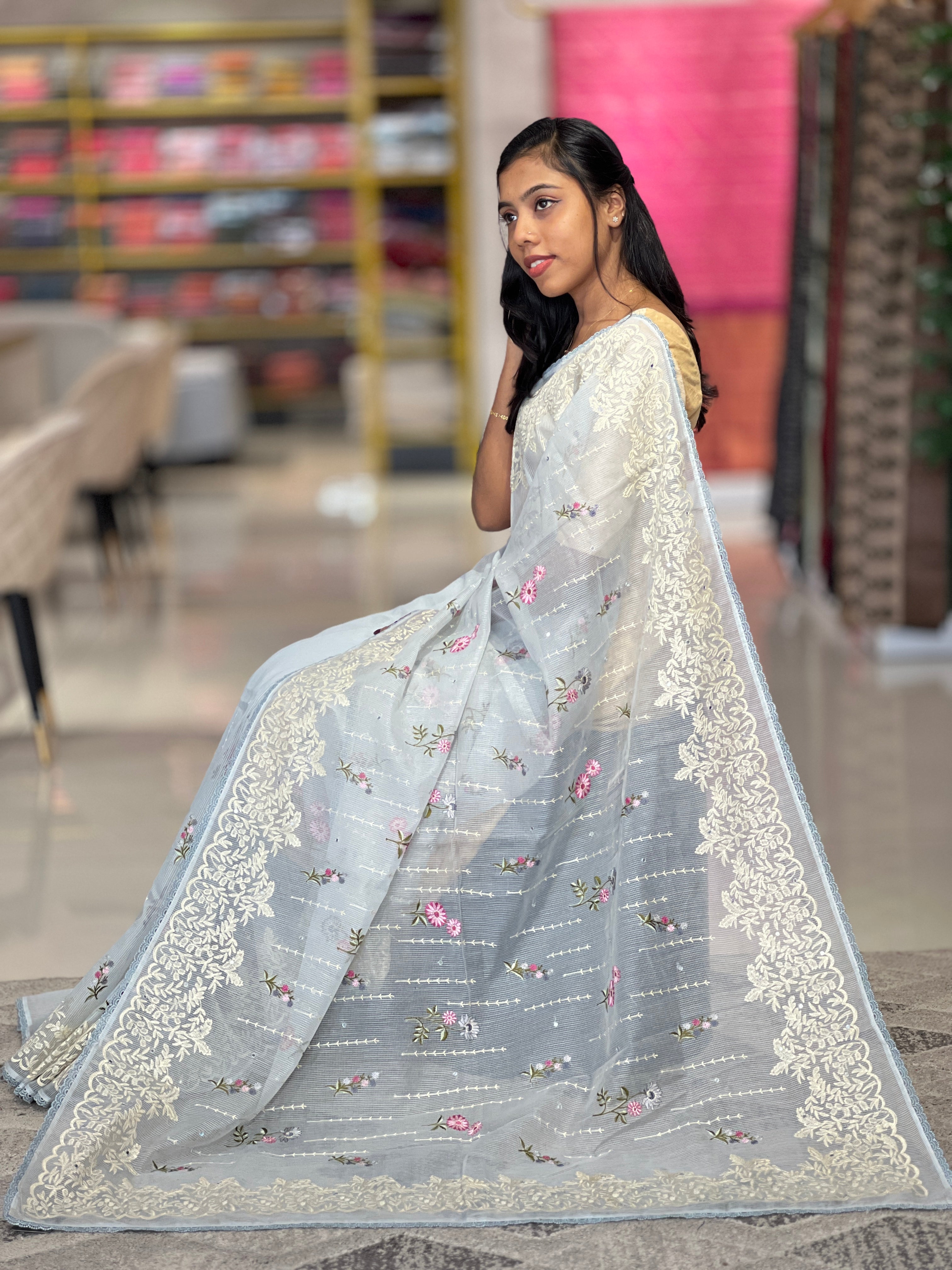 Floral Embroidery Manipuri Check Organza Saree | GMS279