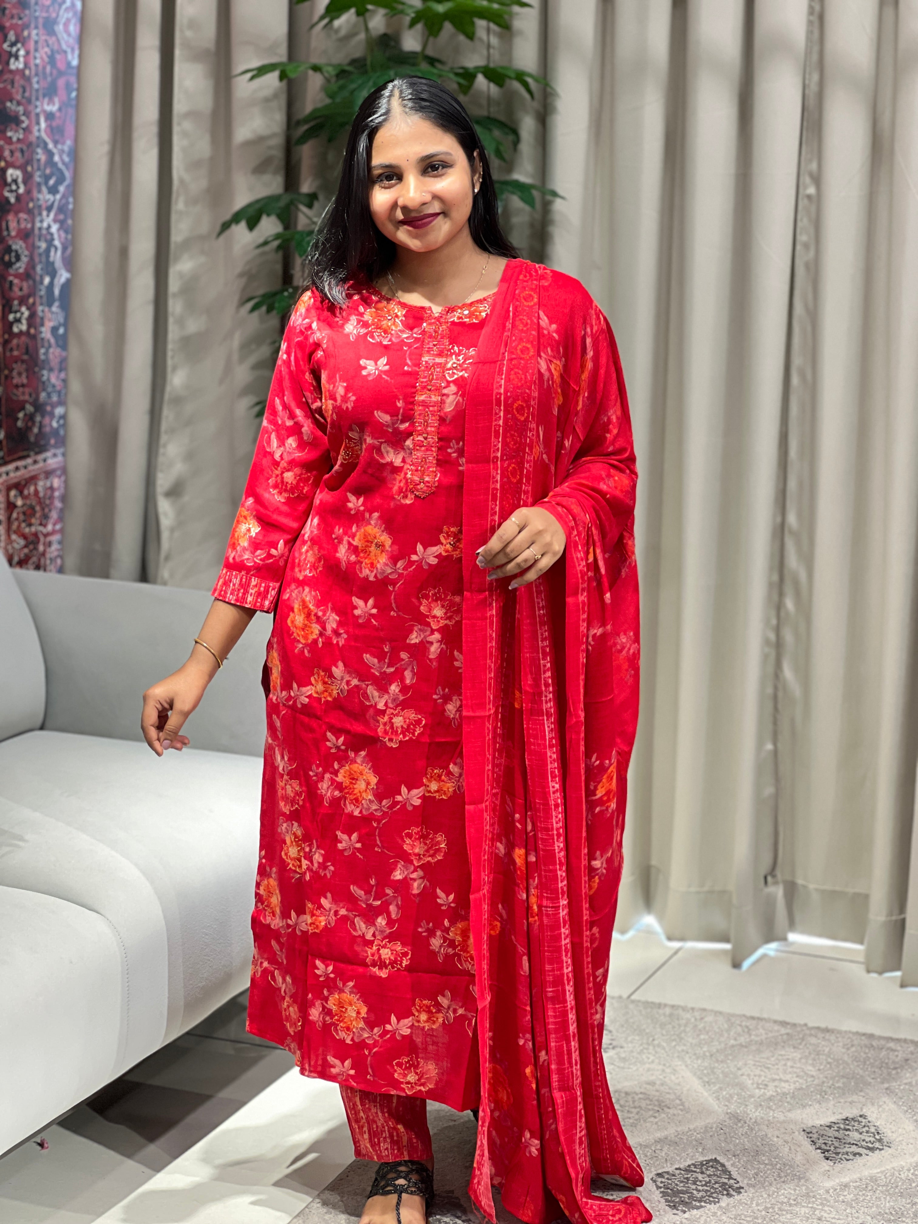 Floral Print With Foil Paint Detailed Rayon Kurta Set | FW367