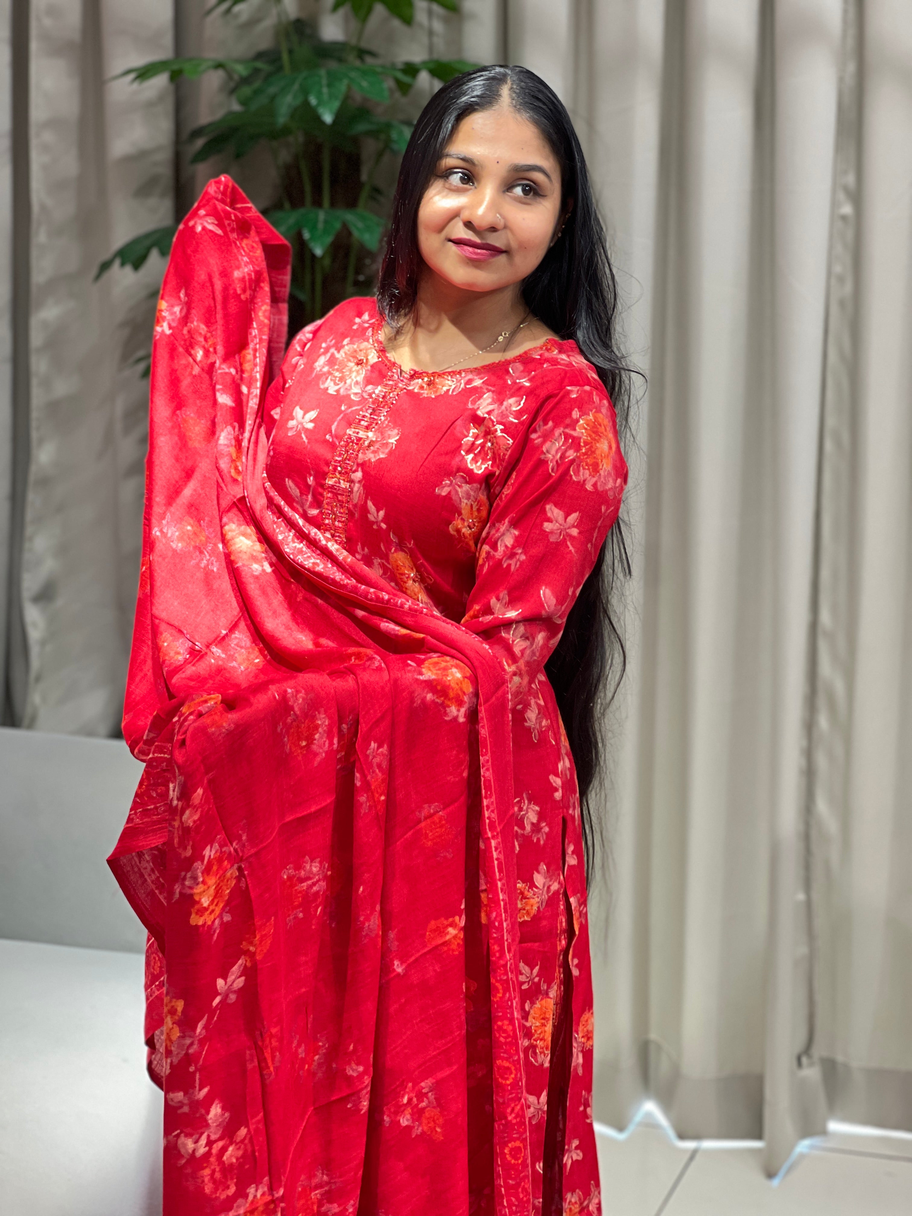 Floral Print With Foil Paint Detailed Rayon Kurta Set | FW367