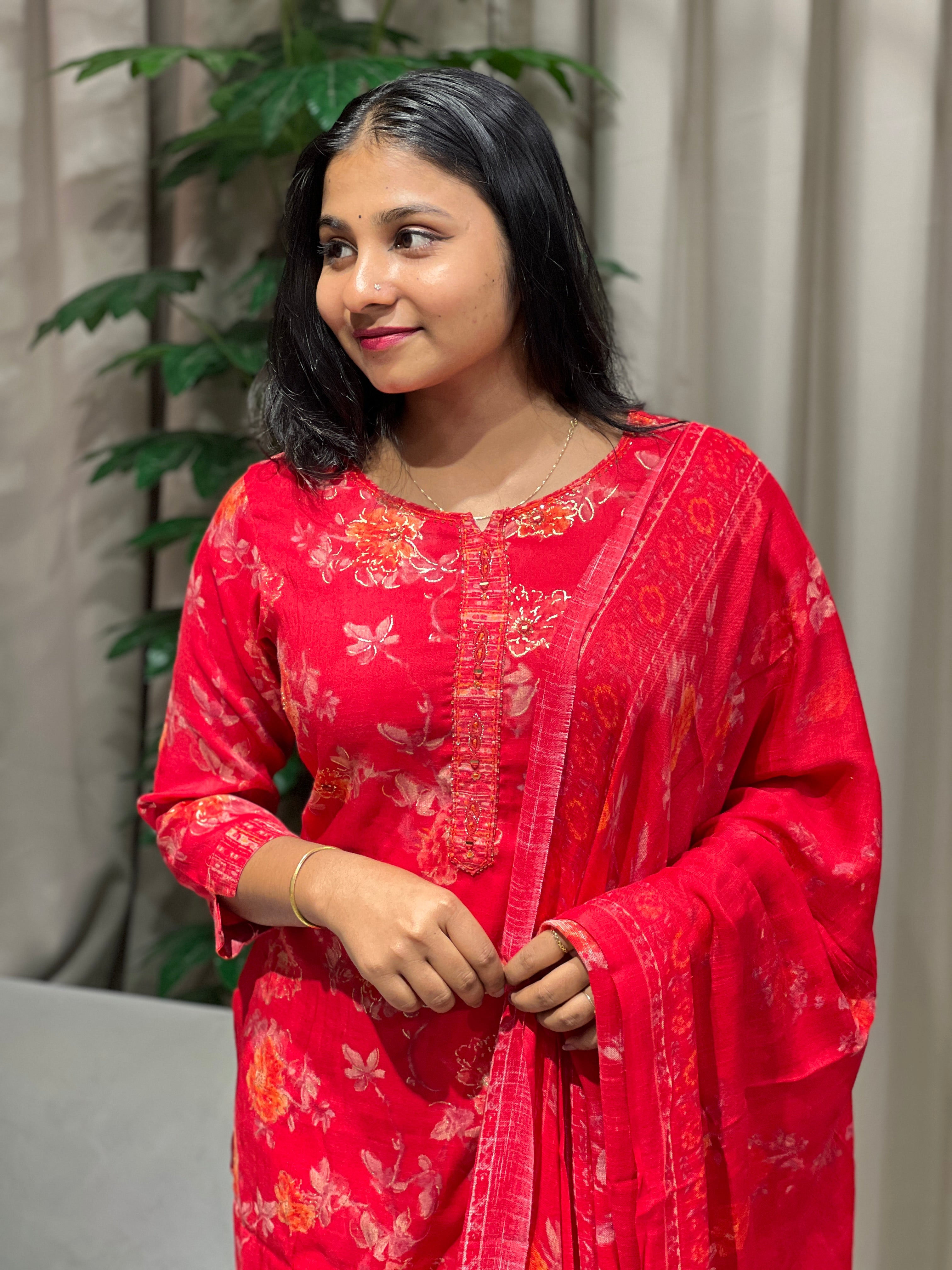 Floral Print With Foil Paint Detailed Rayon Kurta Set | FW367