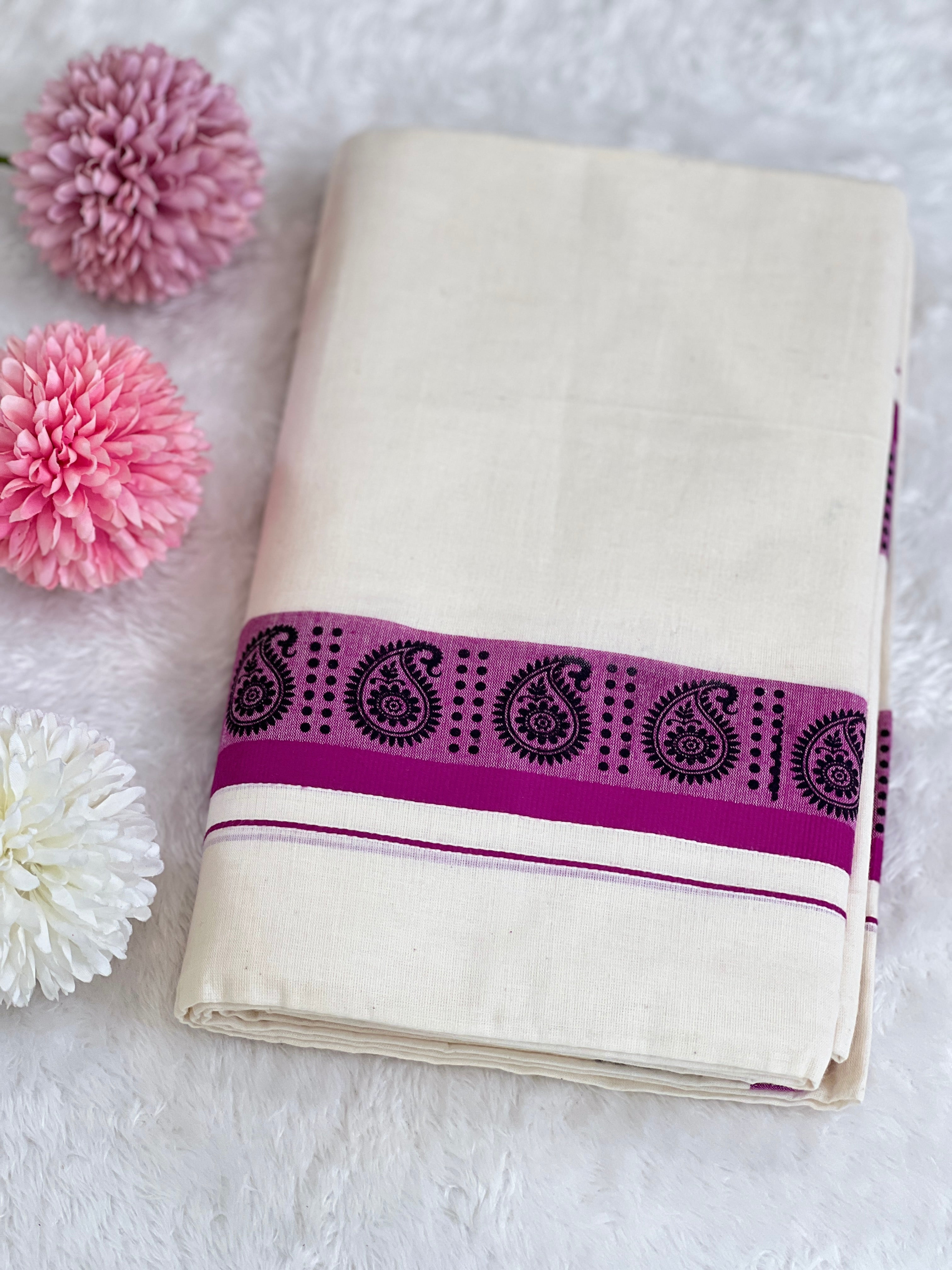 Hand Block Printed Kerala Cotton Set Mundu | GAT560