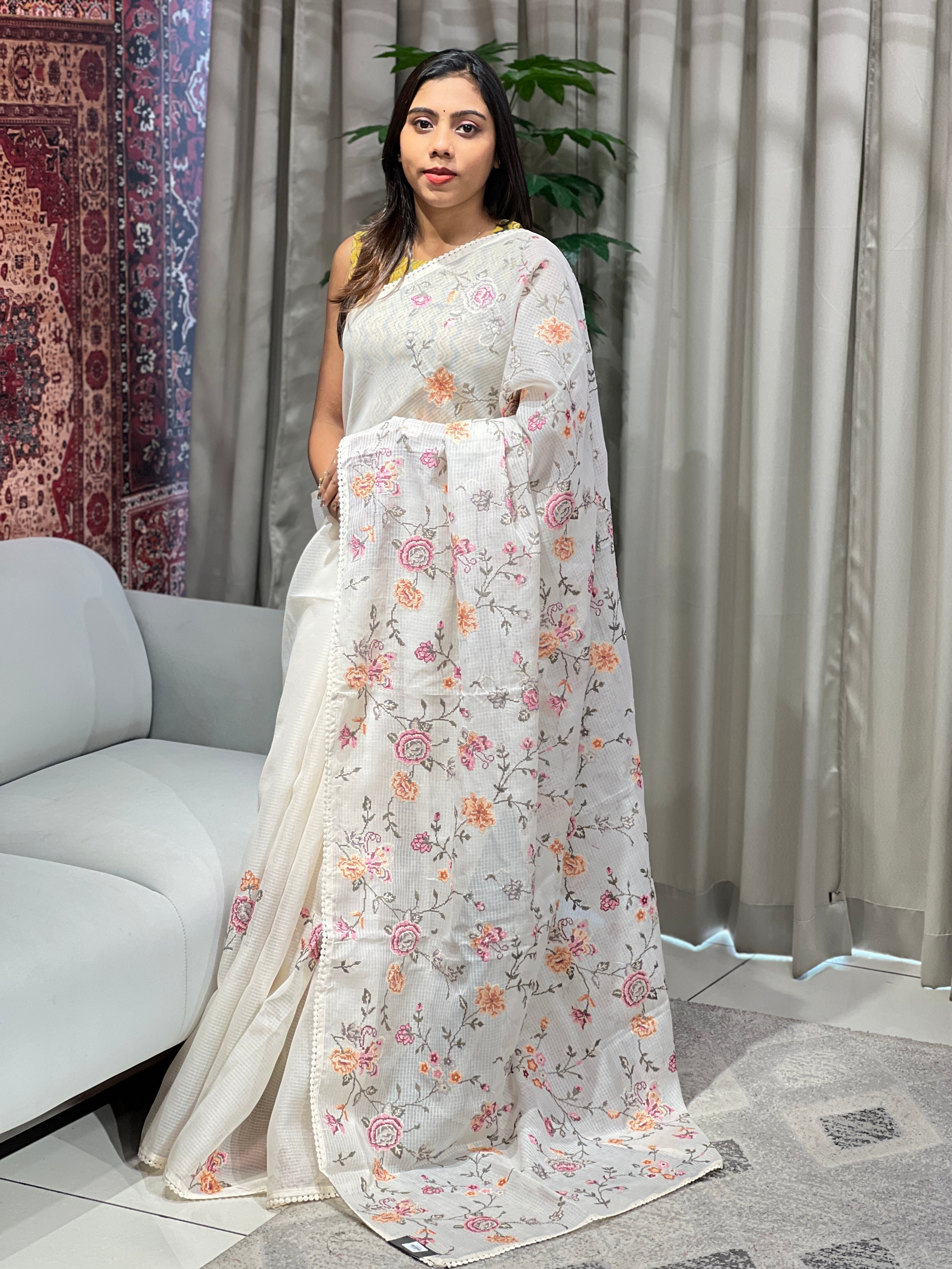 Multicolour Floral Machine Embroidery Detailed Silky Kota Saree | BLD1954