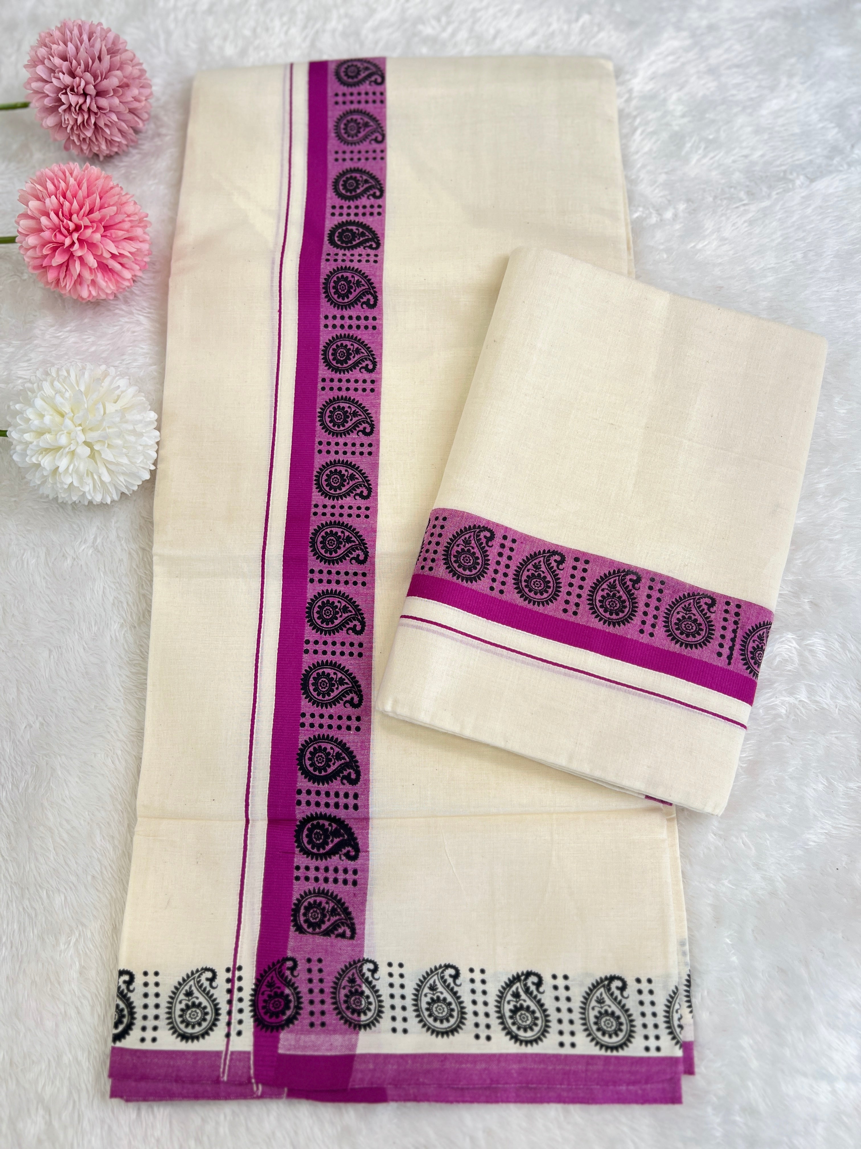 Hand Block Printed Kerala Cotton Set Mundu | GAT560