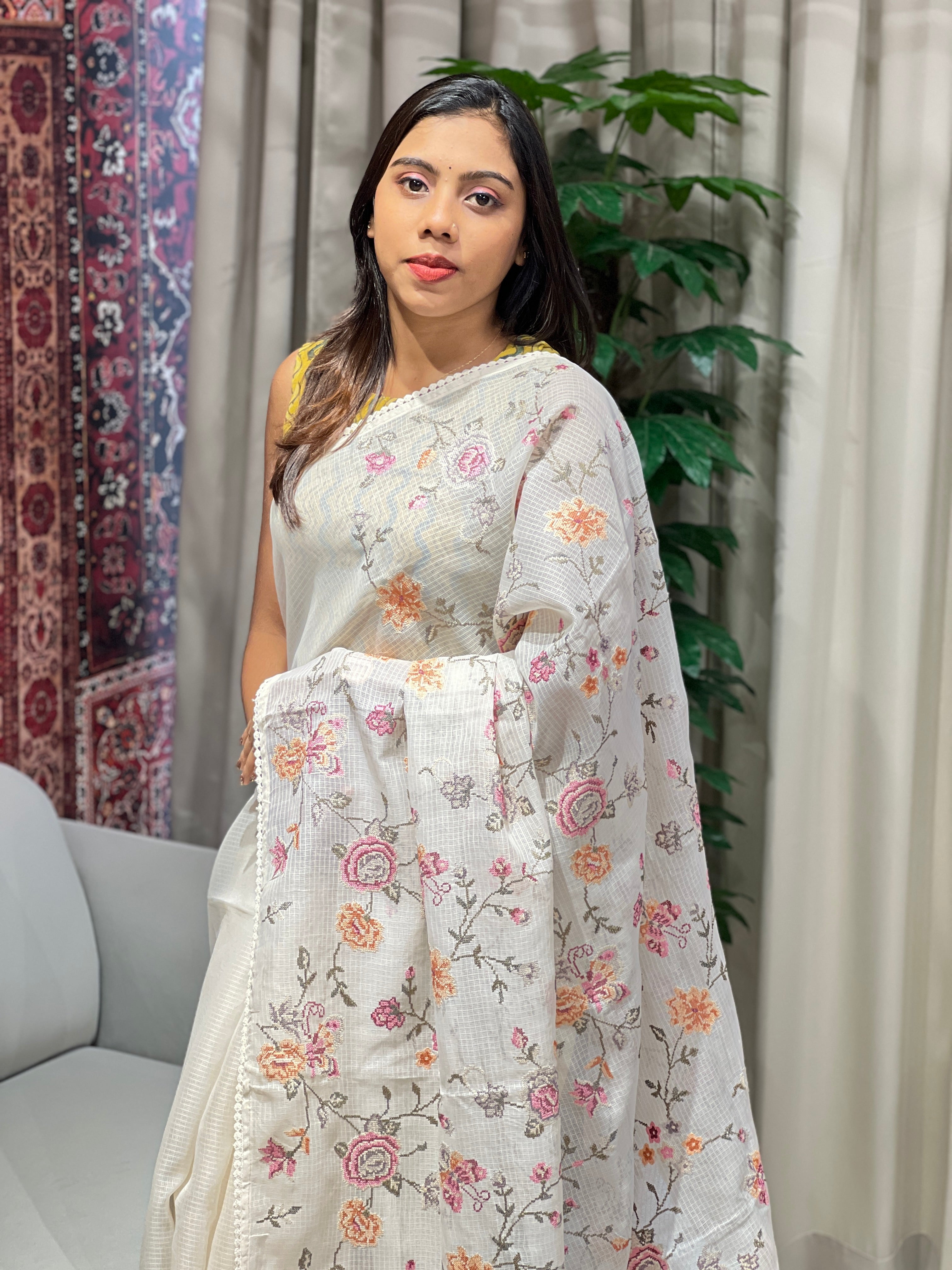 Multicolour Floral Machine Embroidery Detailed Silky Kota Saree | BLD1954