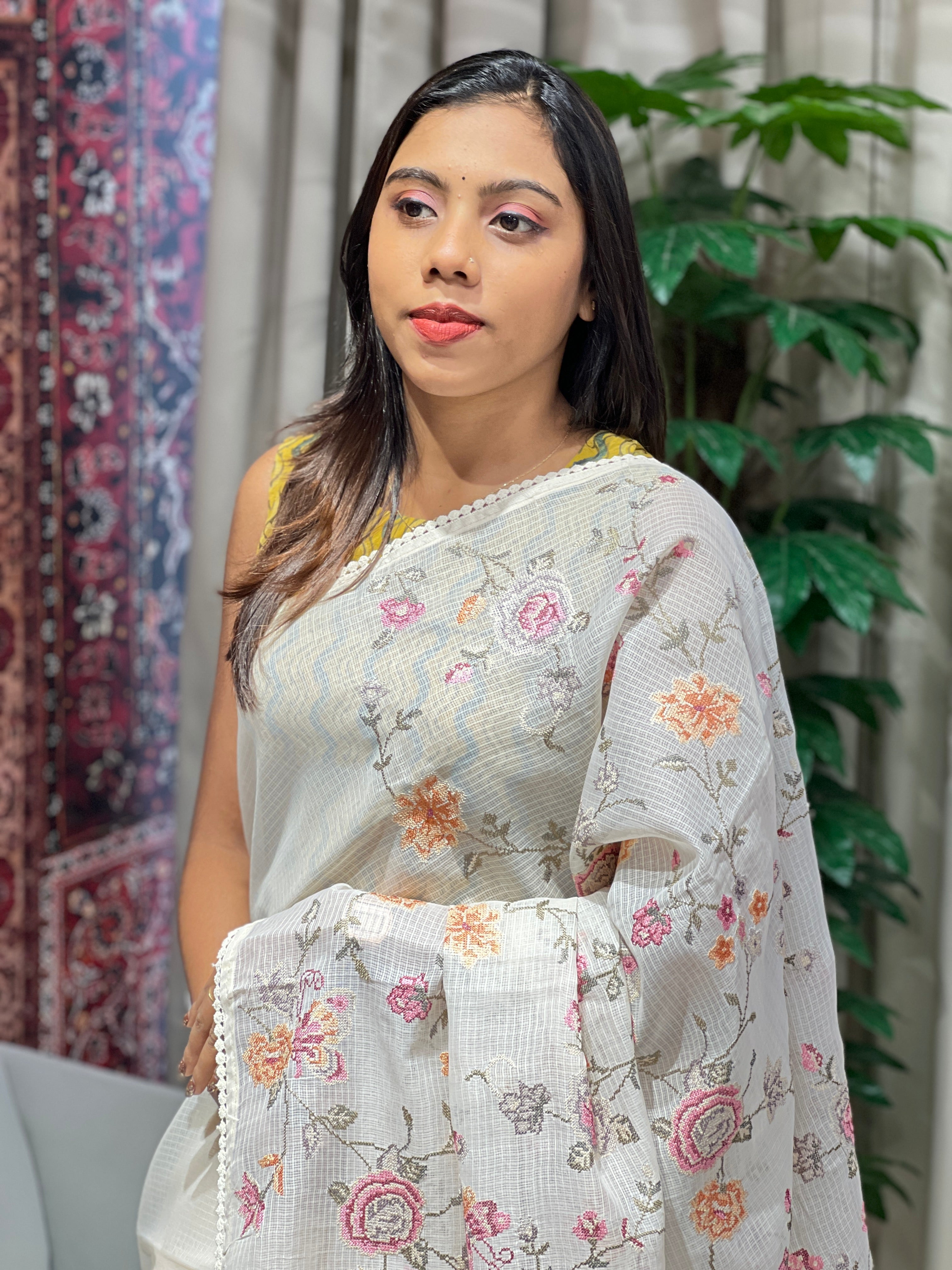 Multicolour Floral Machine Embroidery Detailed Silky Kota Saree | BLD1954