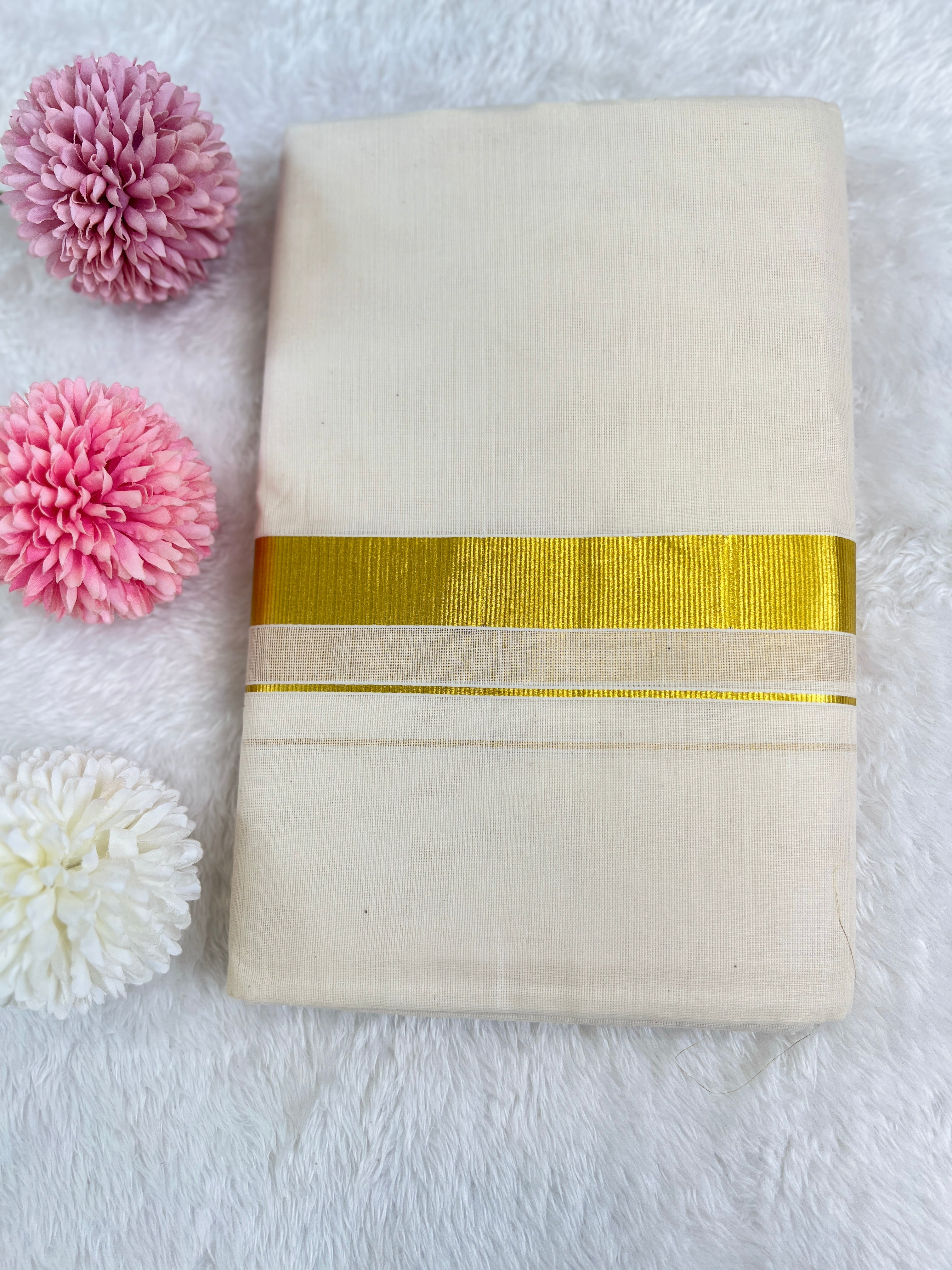 Golden Kasavu Border Powerloom  Kerala Cotton Mundu | GAT413