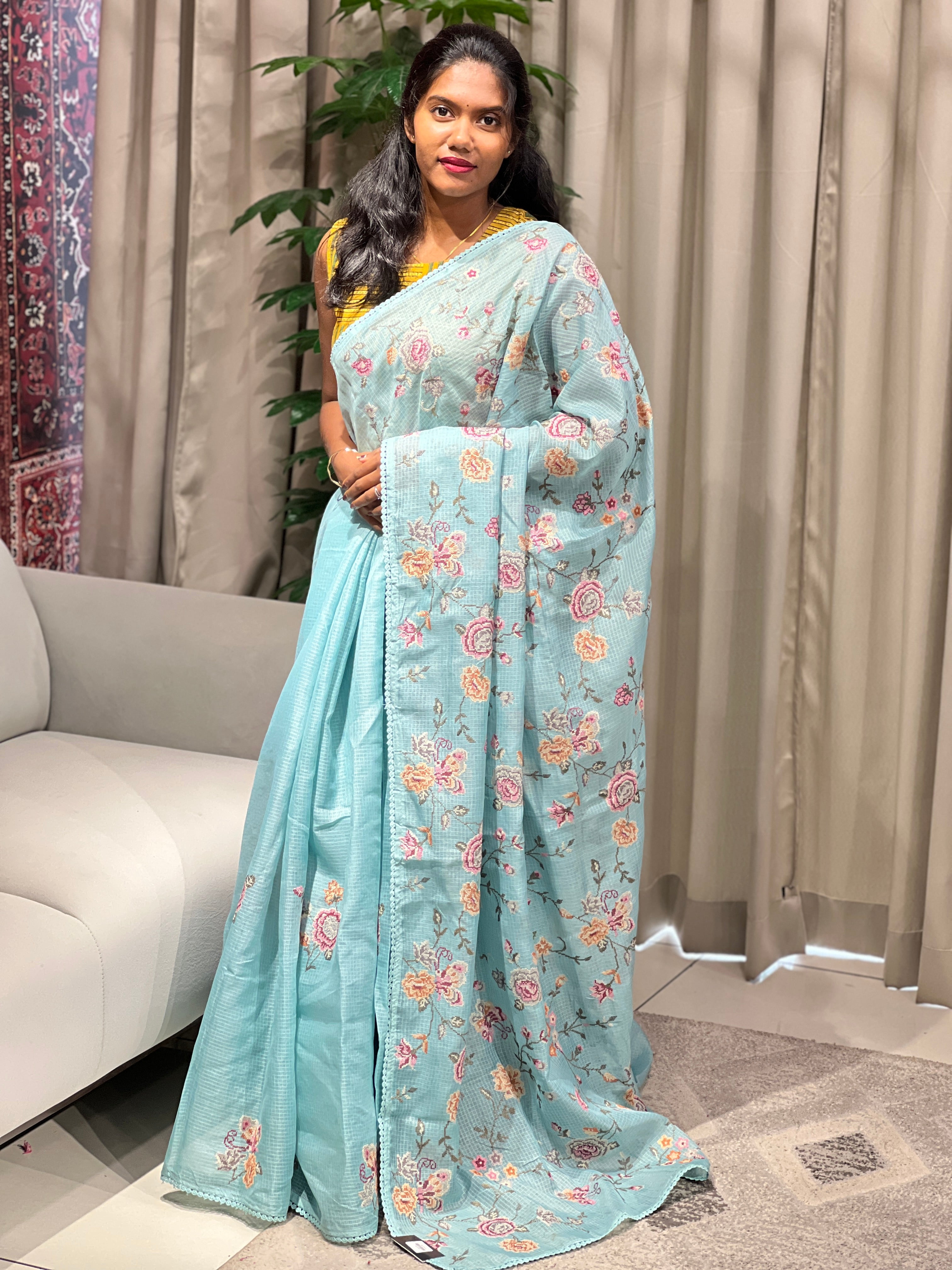 Multicolour Floral Machine Embroidery Detailed Silky Kota Saree | BLD1953