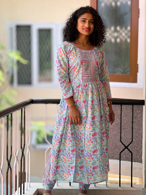 Floral Printed Kantha Embroidery Cotton Kurta Set | OS269 | Pre Order