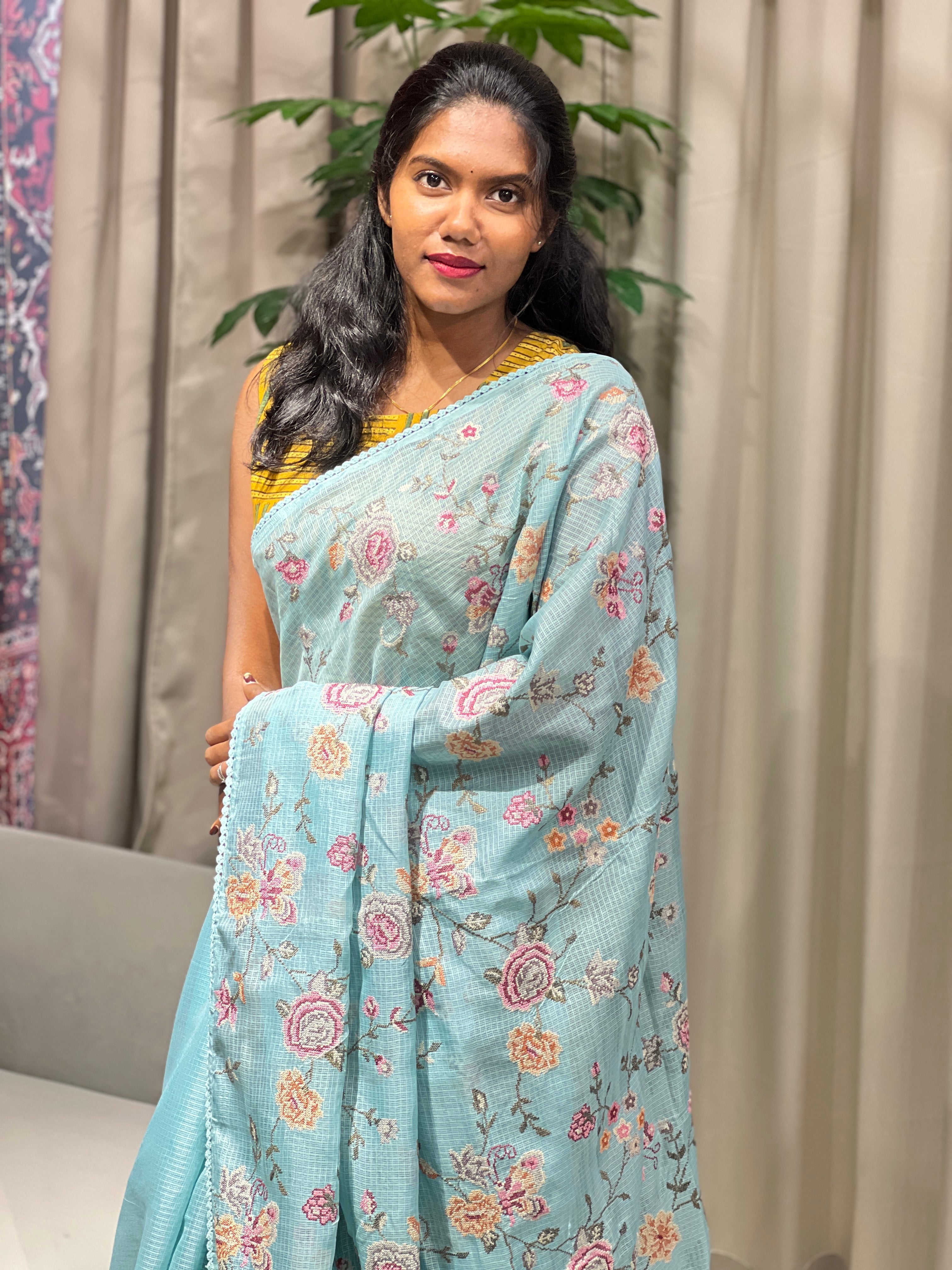 Multicolour Floral Machine Embroidery Detailed Silky Kota Saree | BLD1953