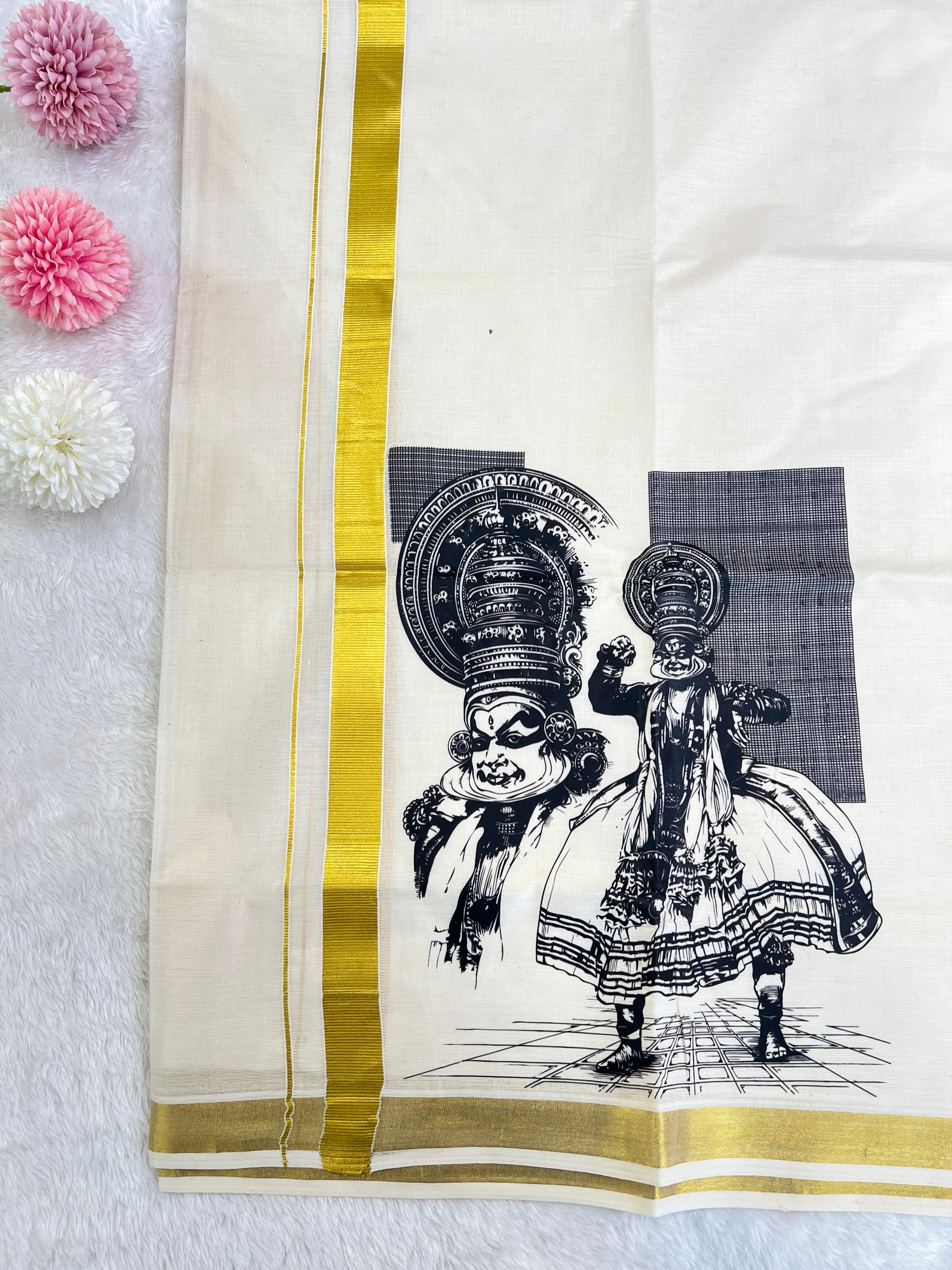 Golden Kasavu Border Powerloom  Kerala Cotton Mundu | GAT413