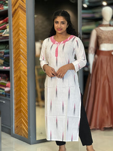 White Color Ikat Weaved Cotton Kurta | DLS216