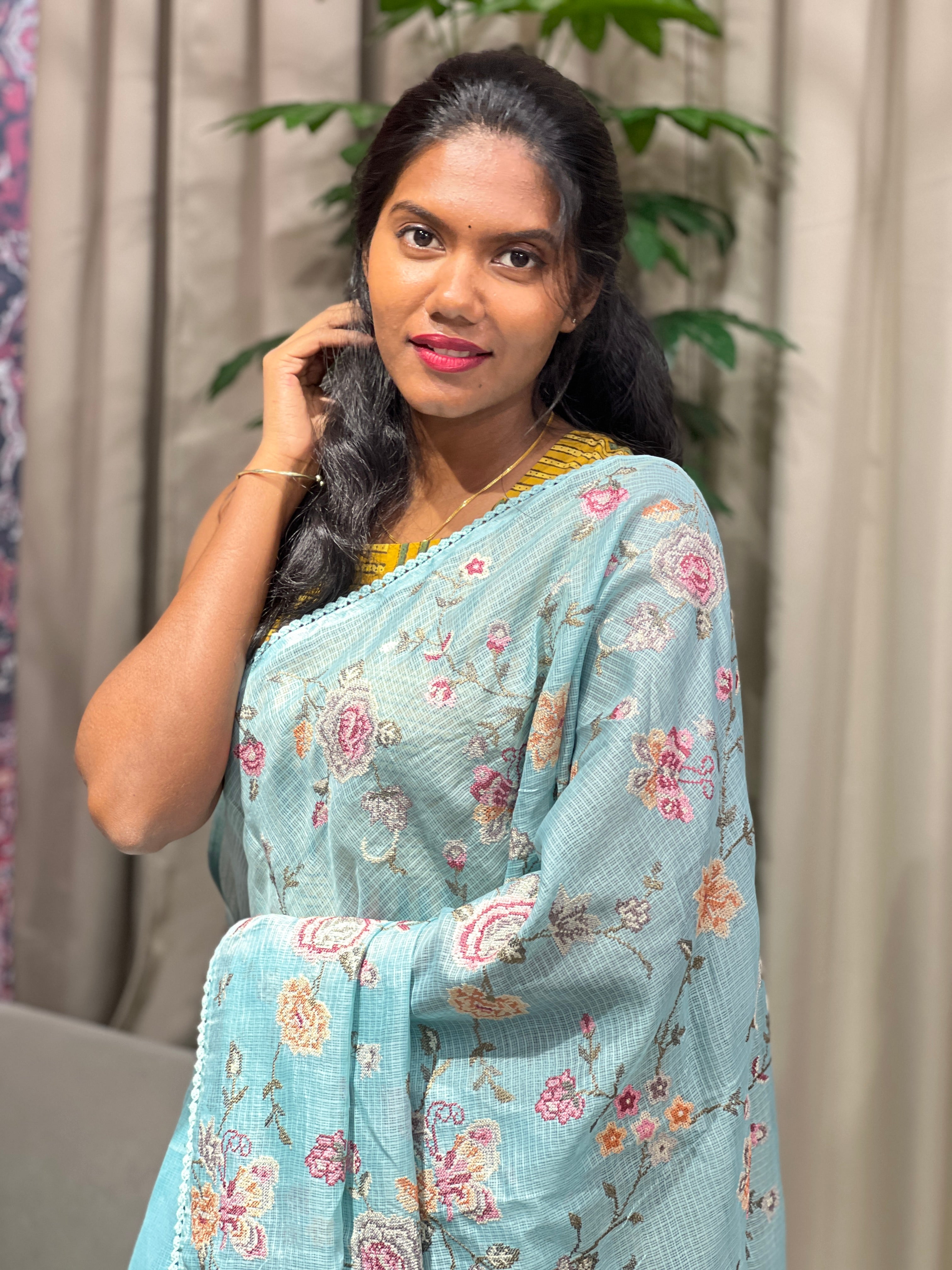 Multicolour Floral Machine Embroidery Detailed Silky Kota Saree | BLD1953