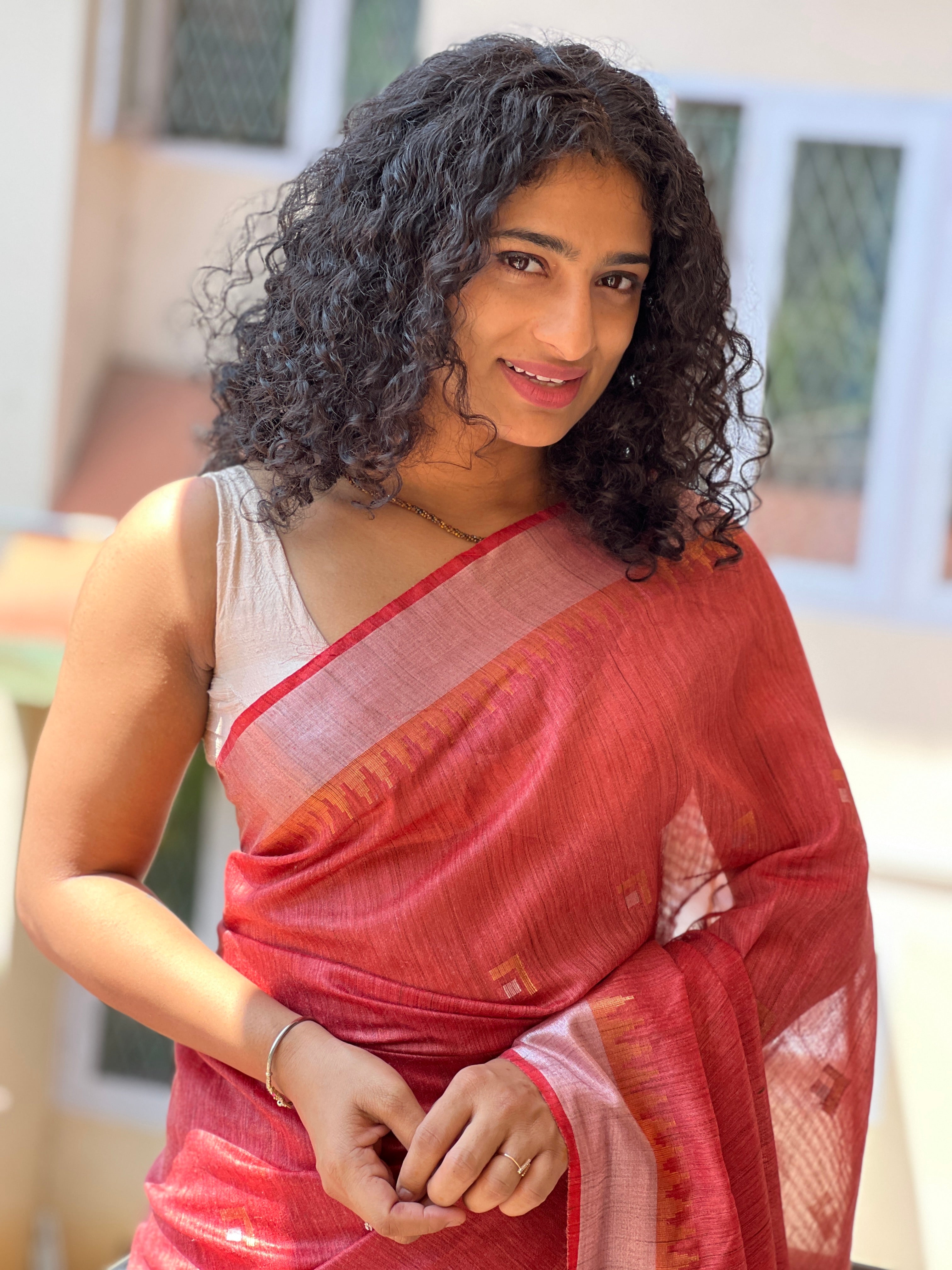 Antique Golden and Silver Zari Border Design Bhagalpuri Linen Saree | SK257