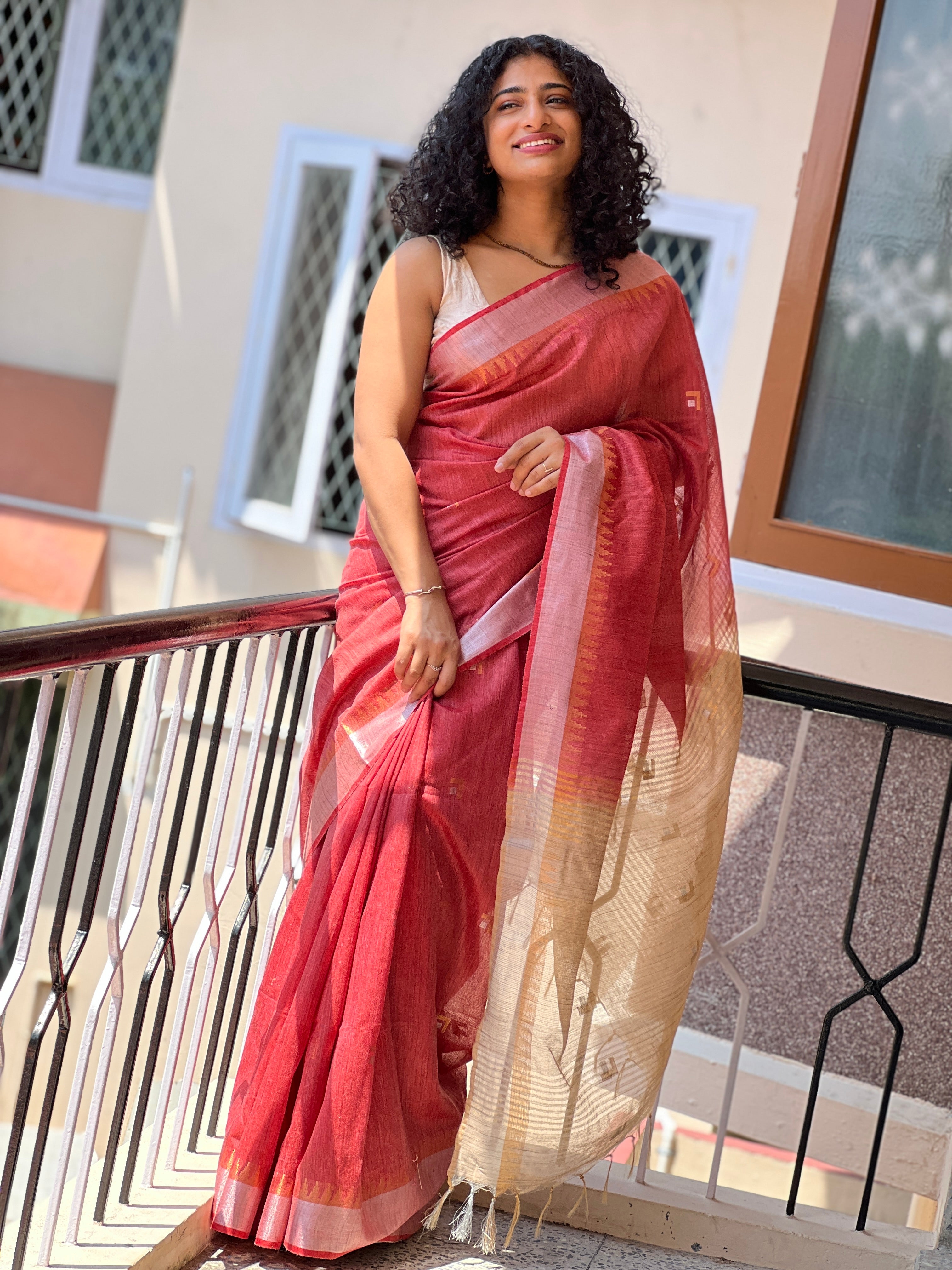 Antique Golden and Silver Zari Border Design Bhagalpuri Linen Saree | SK257