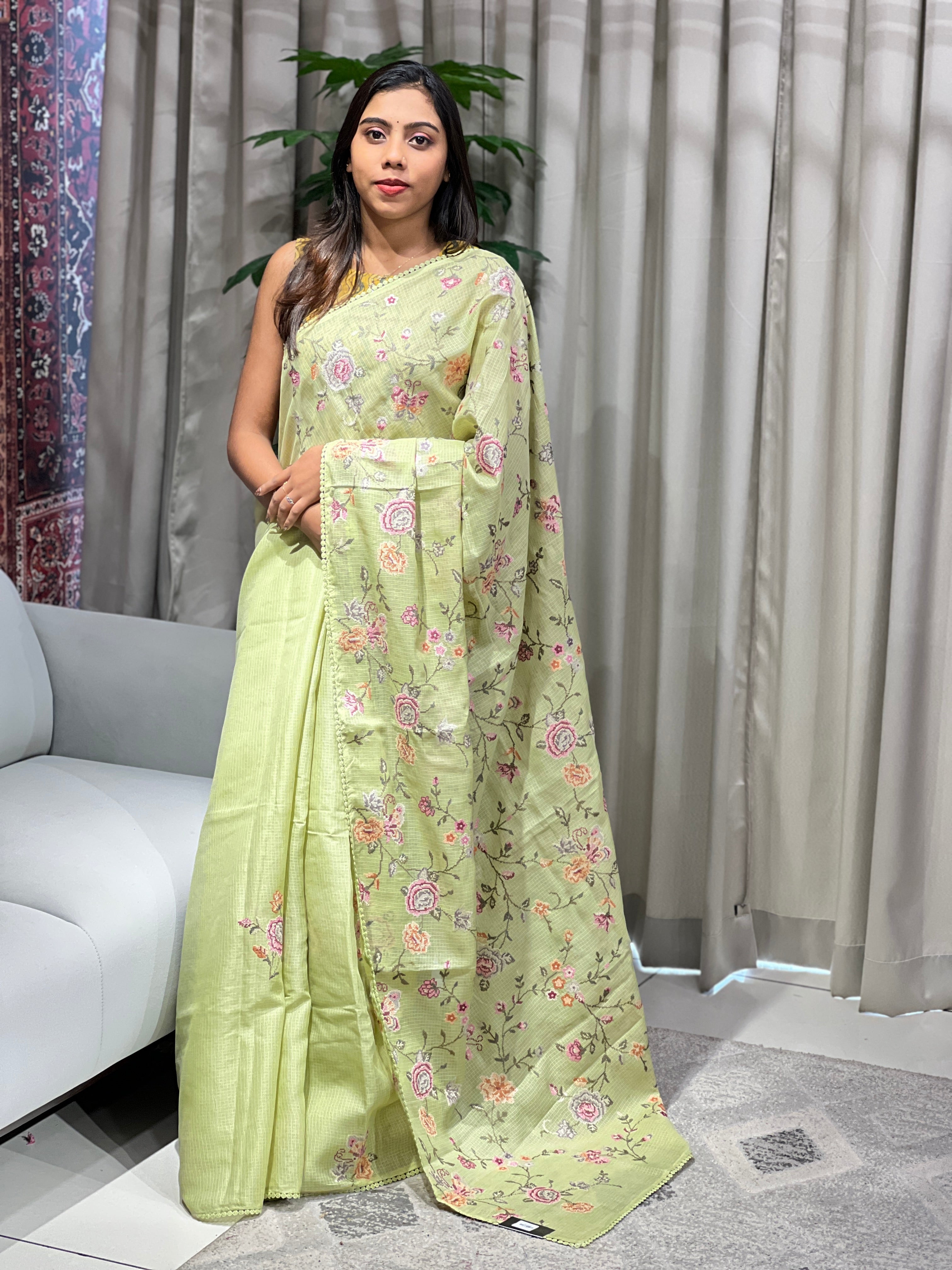 Multicolour Floral Machine Embroidery Detailed Silky Kota Saree | BLD1956