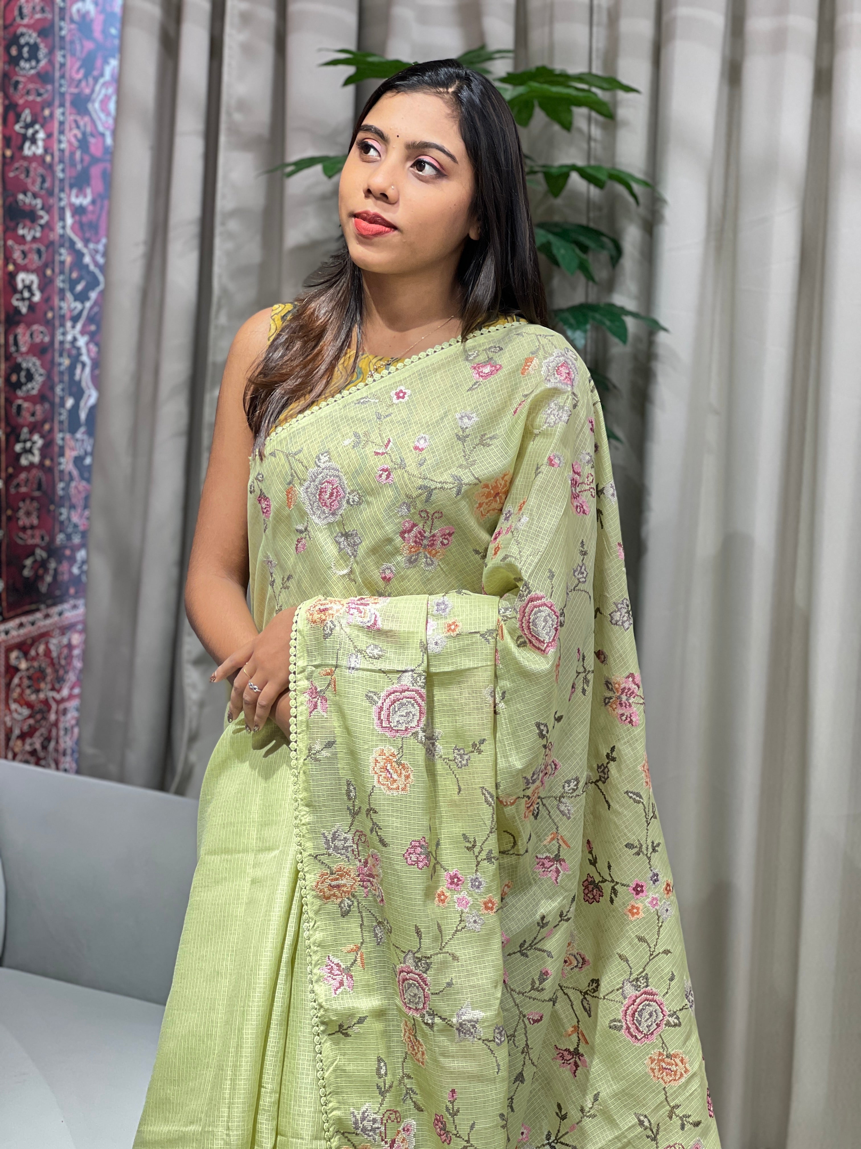 Multicolour Floral Machine Embroidery Detailed Silky Kota Saree | BLD1956