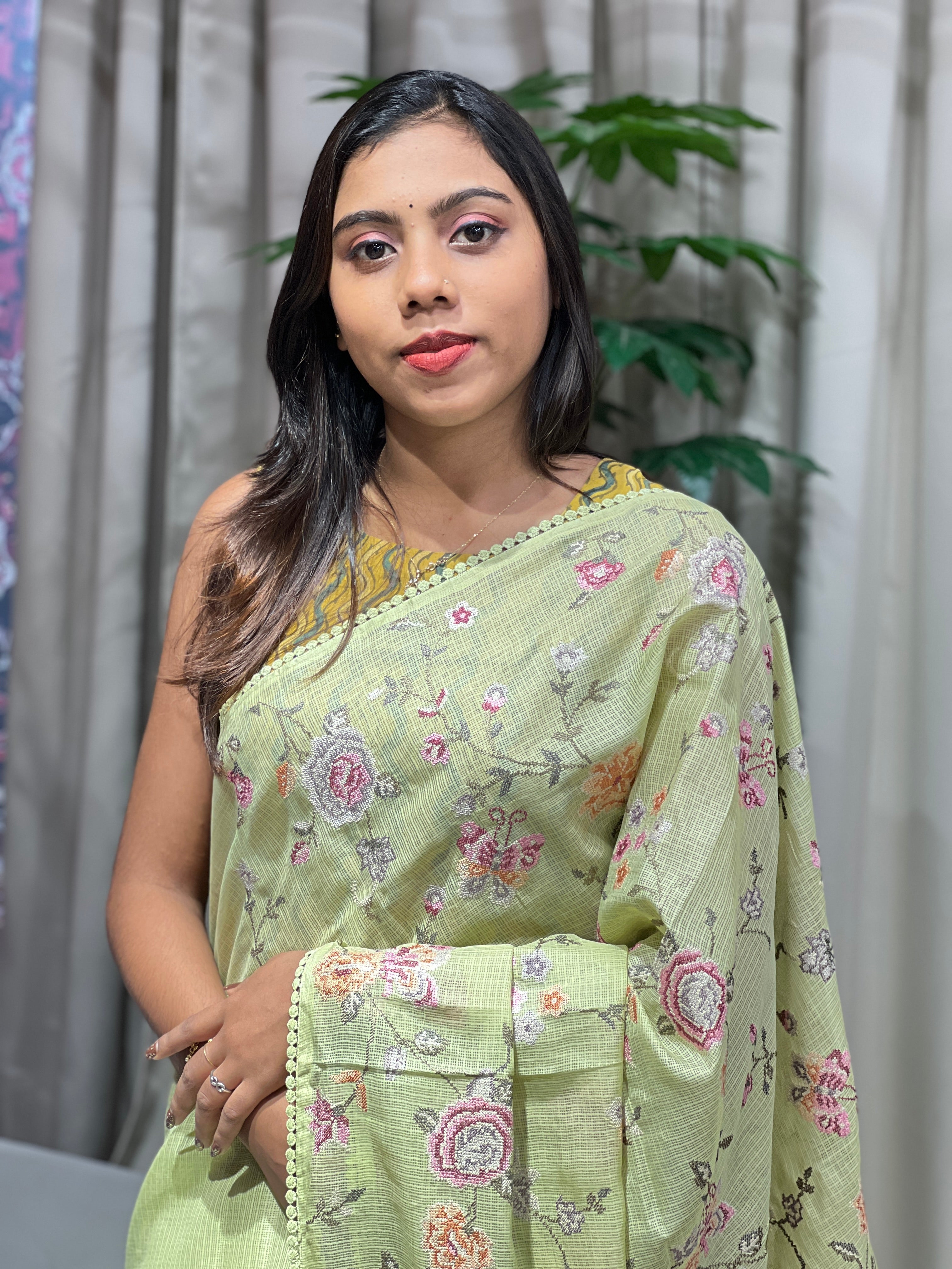 Multicolour Floral Machine Embroidery Detailed Silky Kota Saree | BLD1956