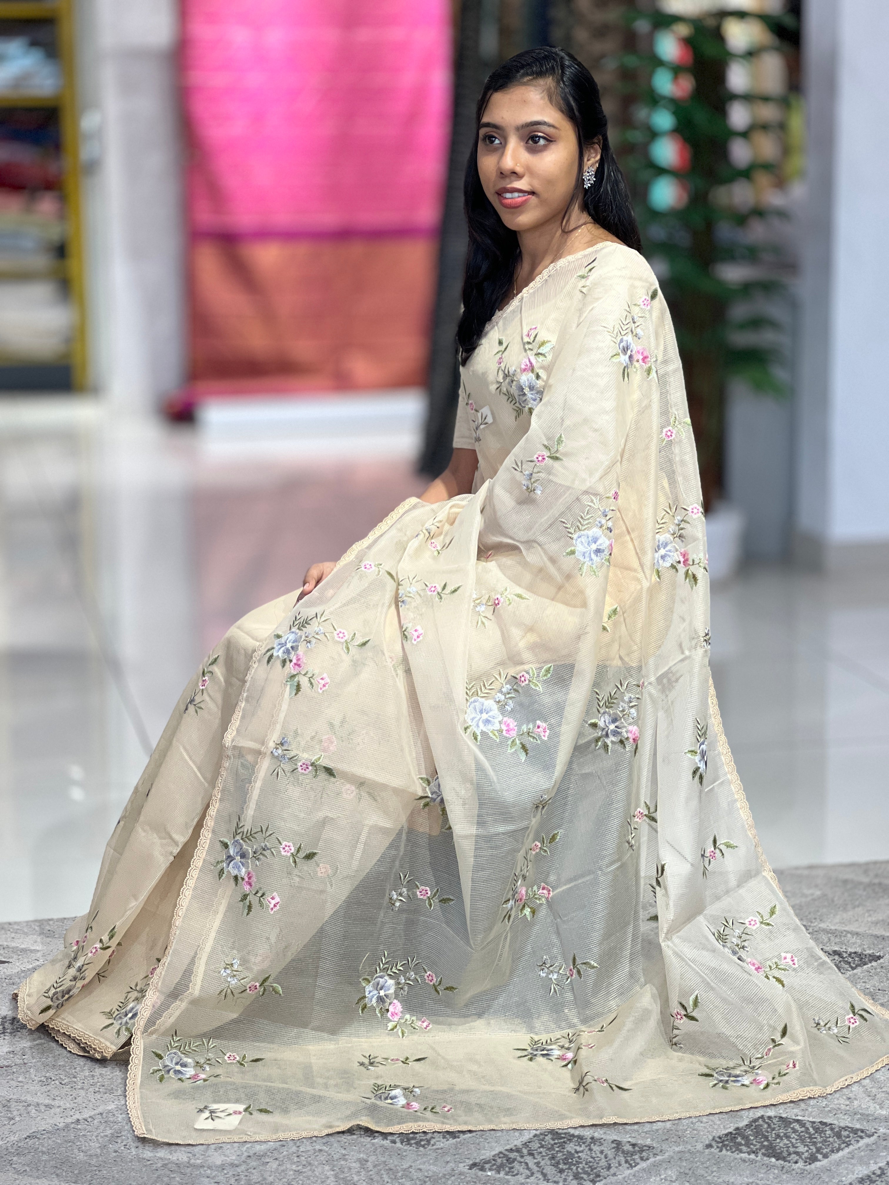 Floral Embroidery Manipuri Check Organza Saree | GMS247