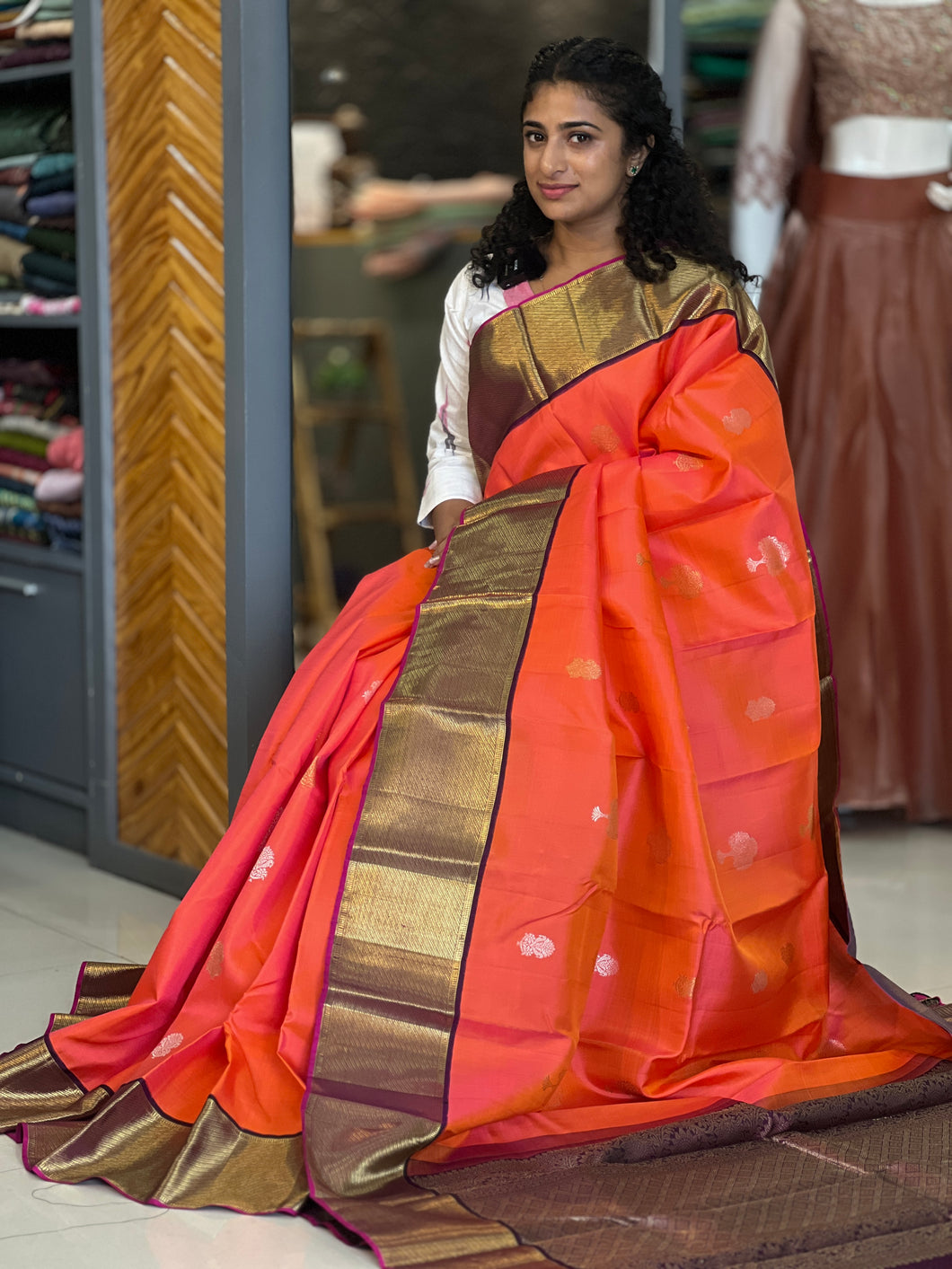 Sunset Orange Colour Traditional Kanchipuram saree |AK137