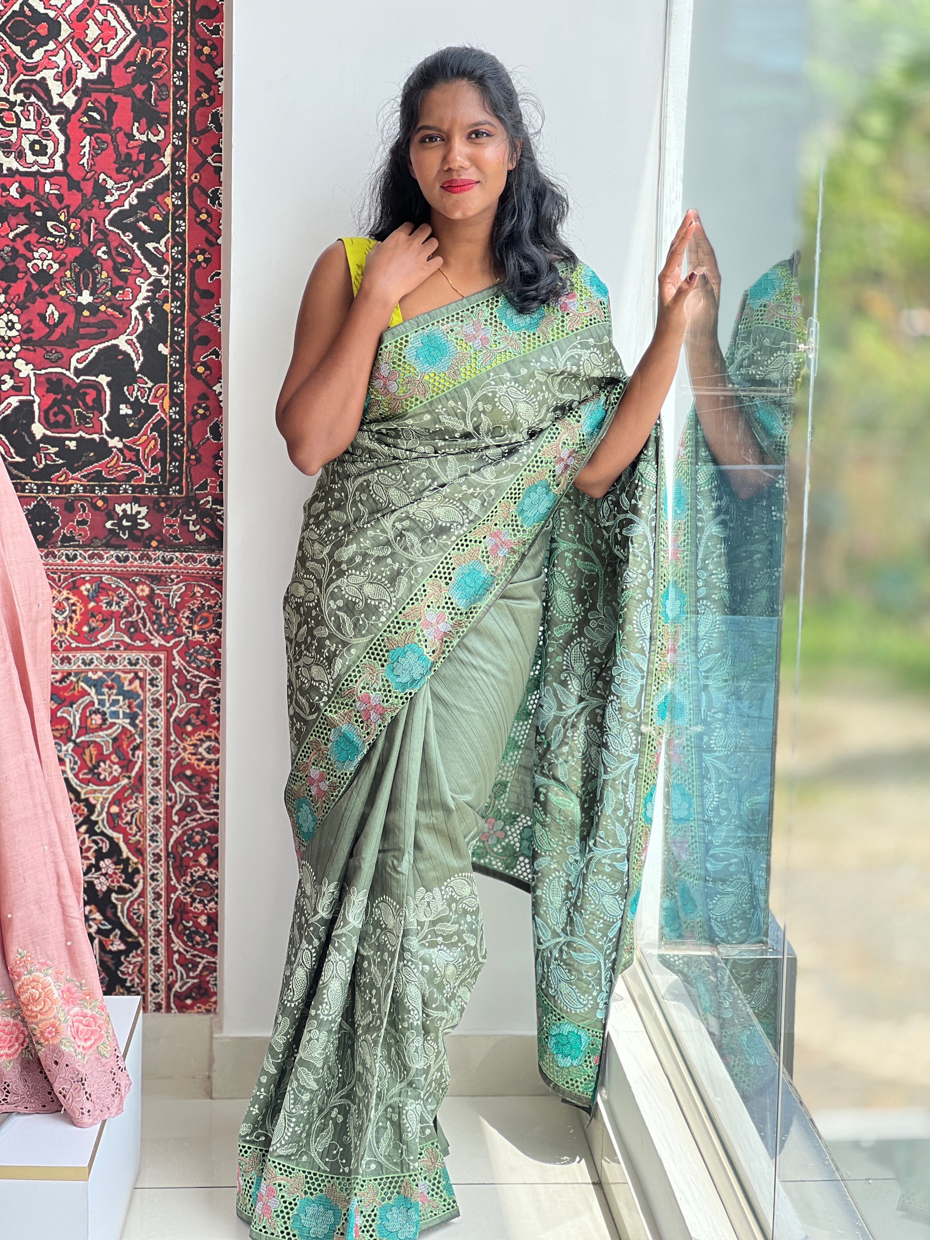 Lucknowi Embroidery Detailed Tussar Finish Saree | GAR110