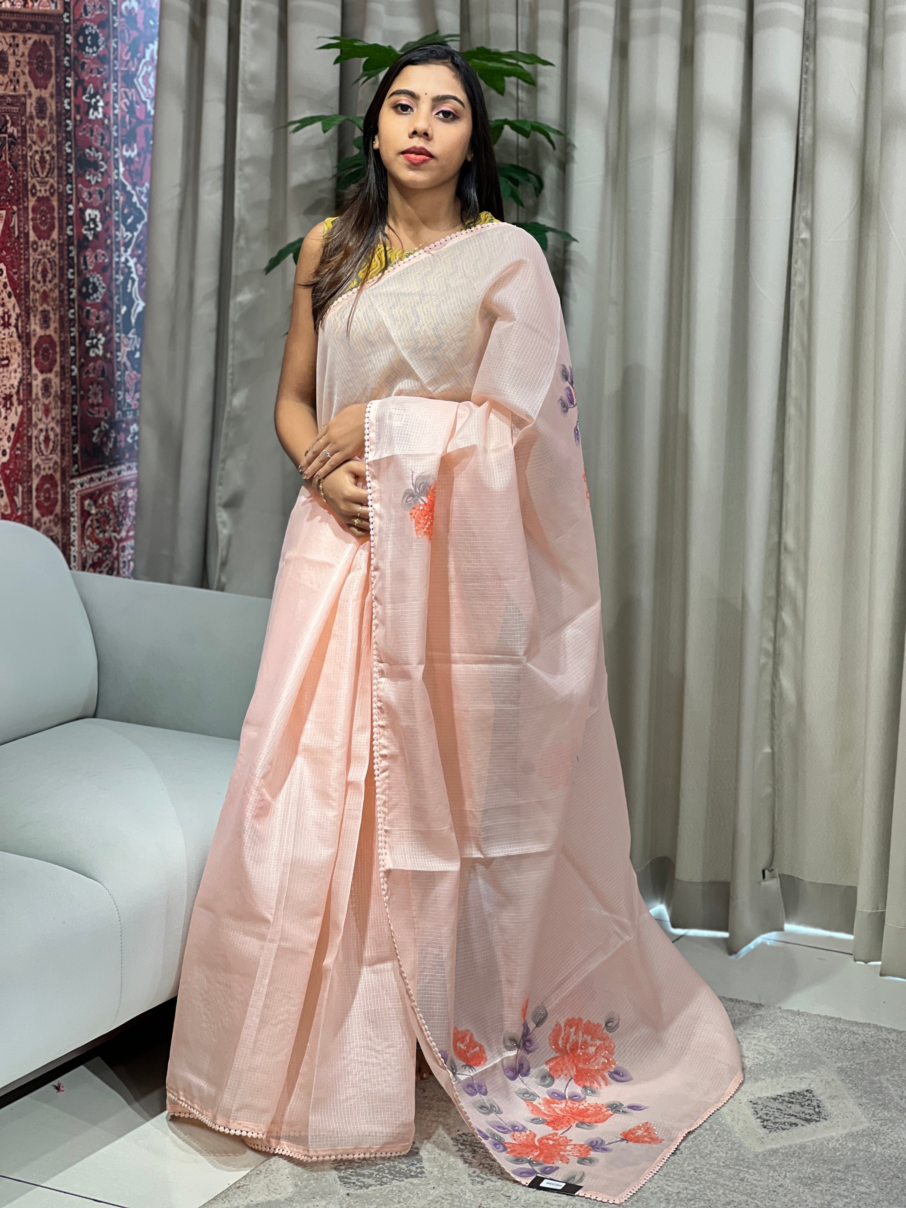 Floral Hand Paint With Sequins Highlighted Silky Kota Saree | BLD1959