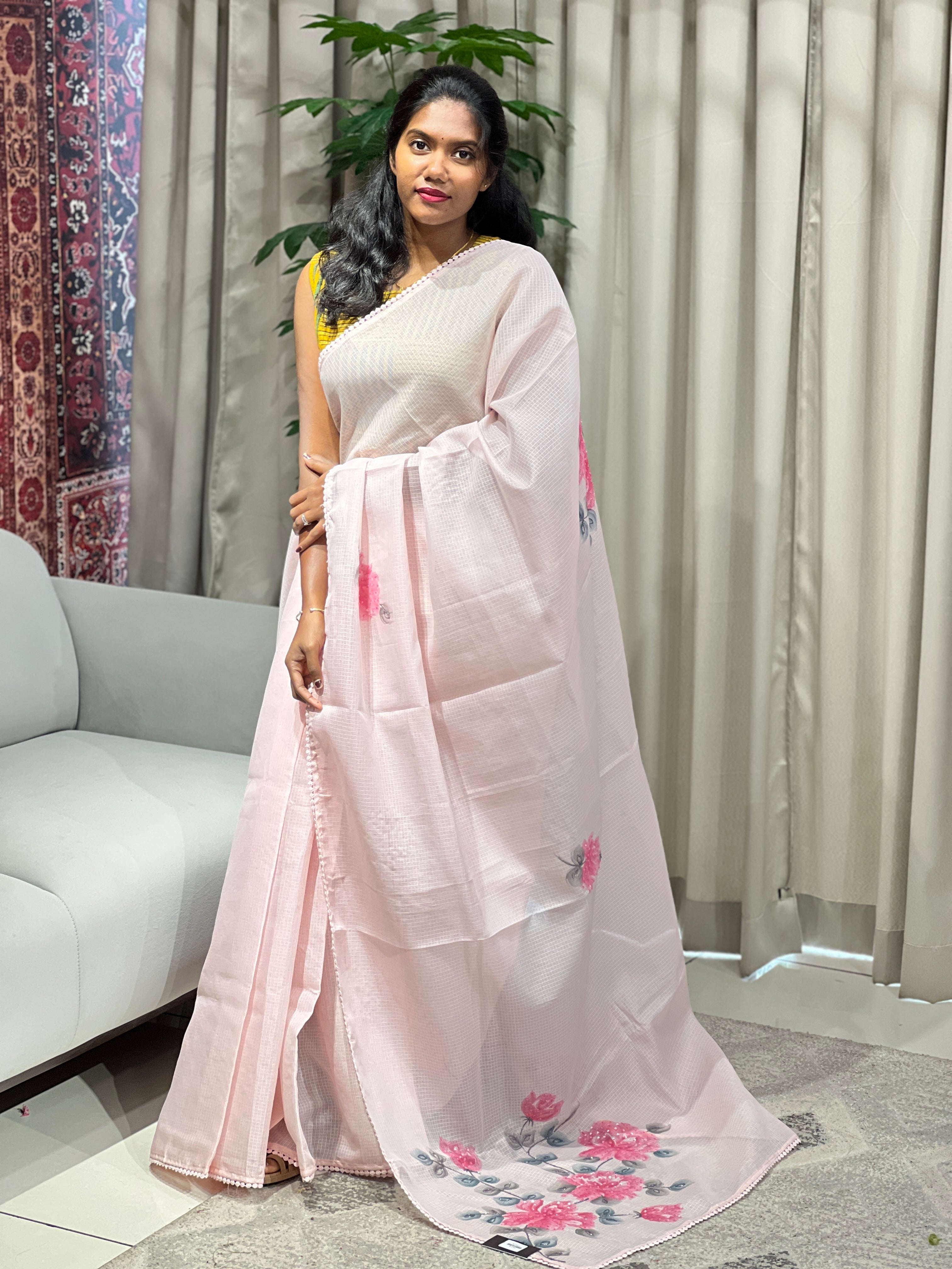 Floral Hand Paint With Sequins Highlighted Silky Kota Saree | BLD1961