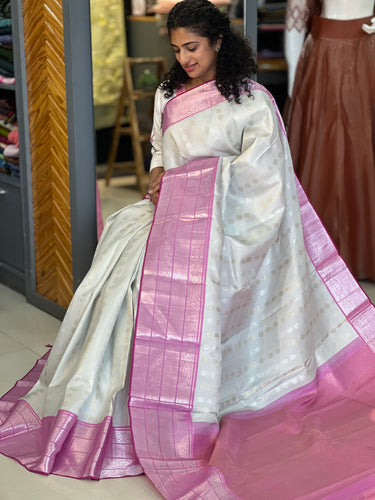 White & Pink Colour Silver Zari Weaved Kanchipuram Saree | AK140
