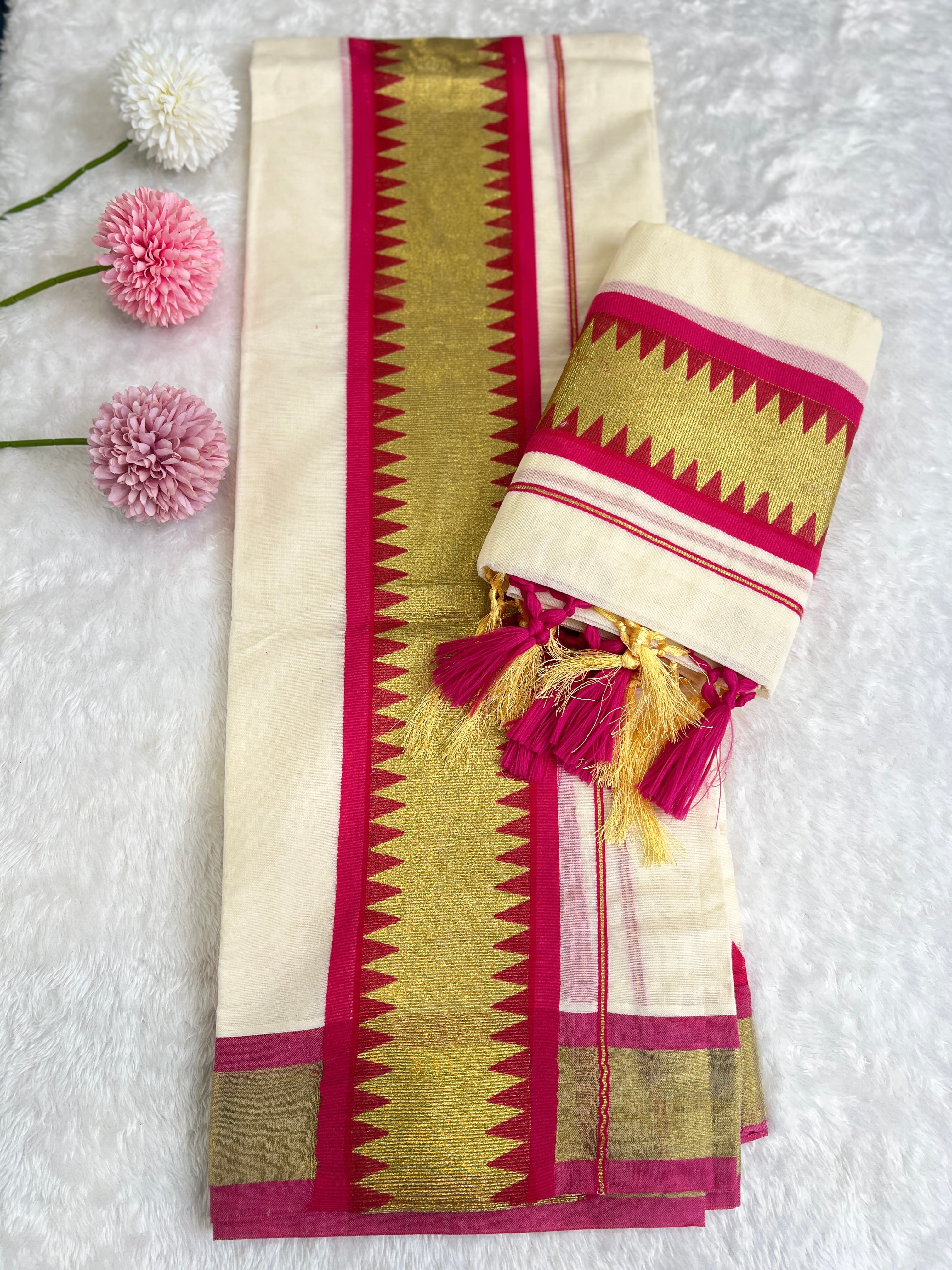 Temple Pattern Border Kerala Cotton Set Mundu | GAT578